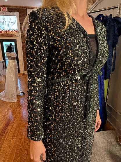 1960s Vintage Fred Perlberg Black & Silver Sequin Empire Waist Gown - Size 4