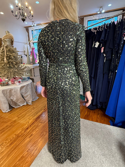 1960s Vintage Fred Perlberg Black & Silver Sequin Empire Waist Gown - Size 4