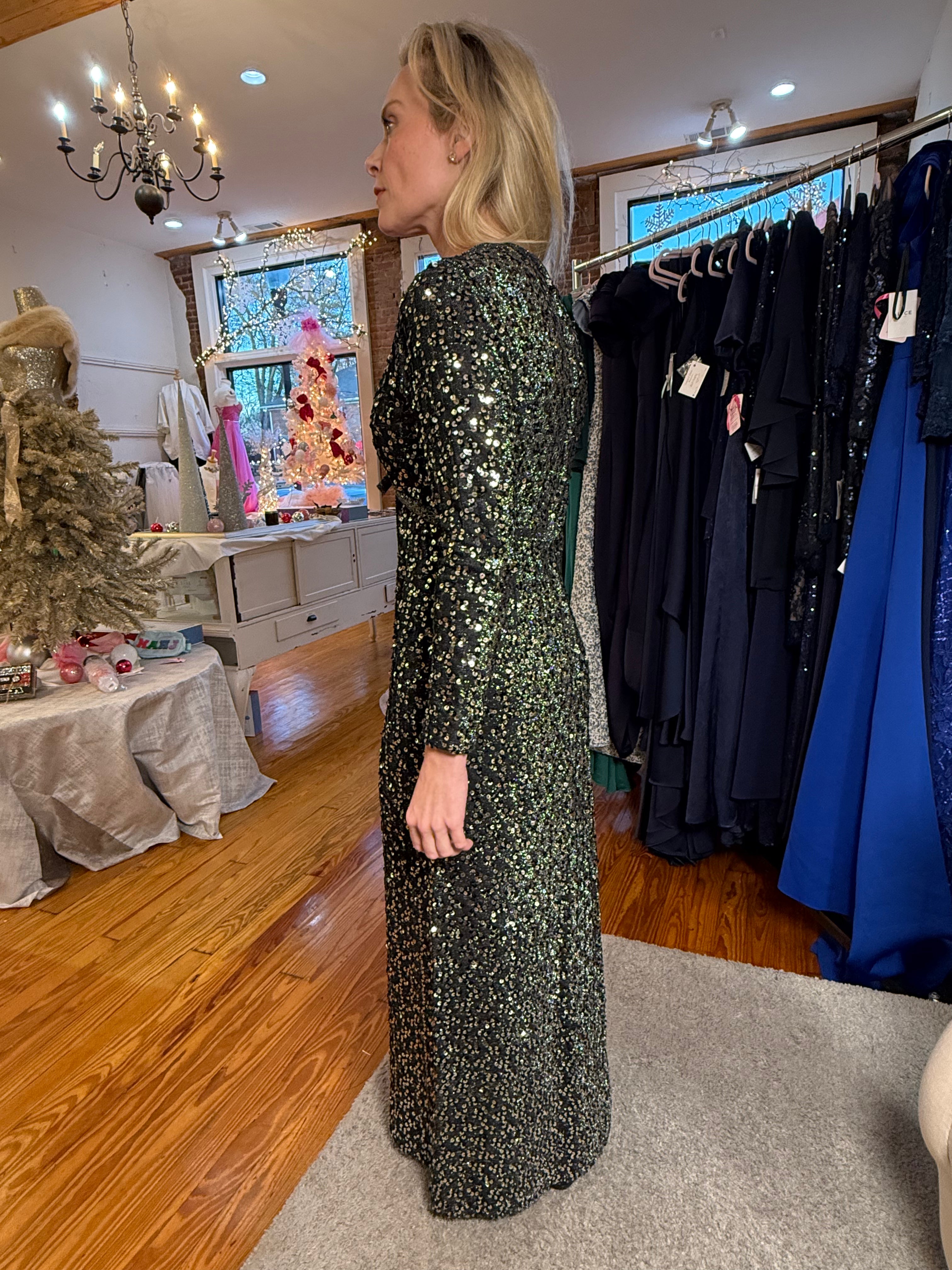 1960s Vintage Fred Perlberg Black & Silver Sequin Empire Waist Gown - Size 4