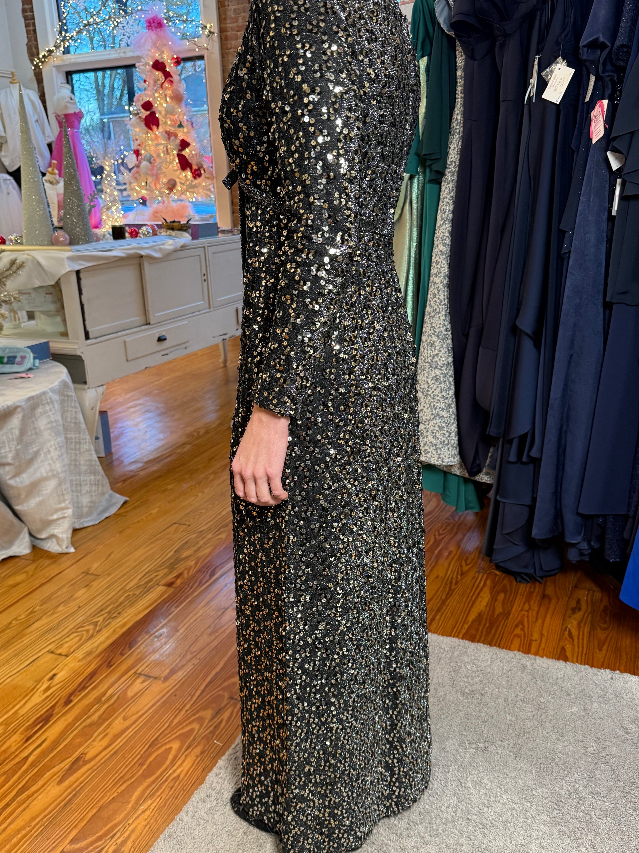 1960s Vintage Fred Perlberg Black & Silver Sequin Empire Waist Gown - Size 4