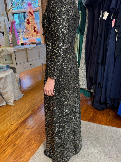 1960s Vintage Fred Perlberg Black & Silver Sequin Empire Waist Gown - Size 4