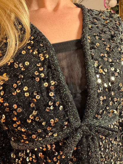 1960s Vintage Fred Perlberg Black & Silver Sequin Empire Waist Gown - Size 4