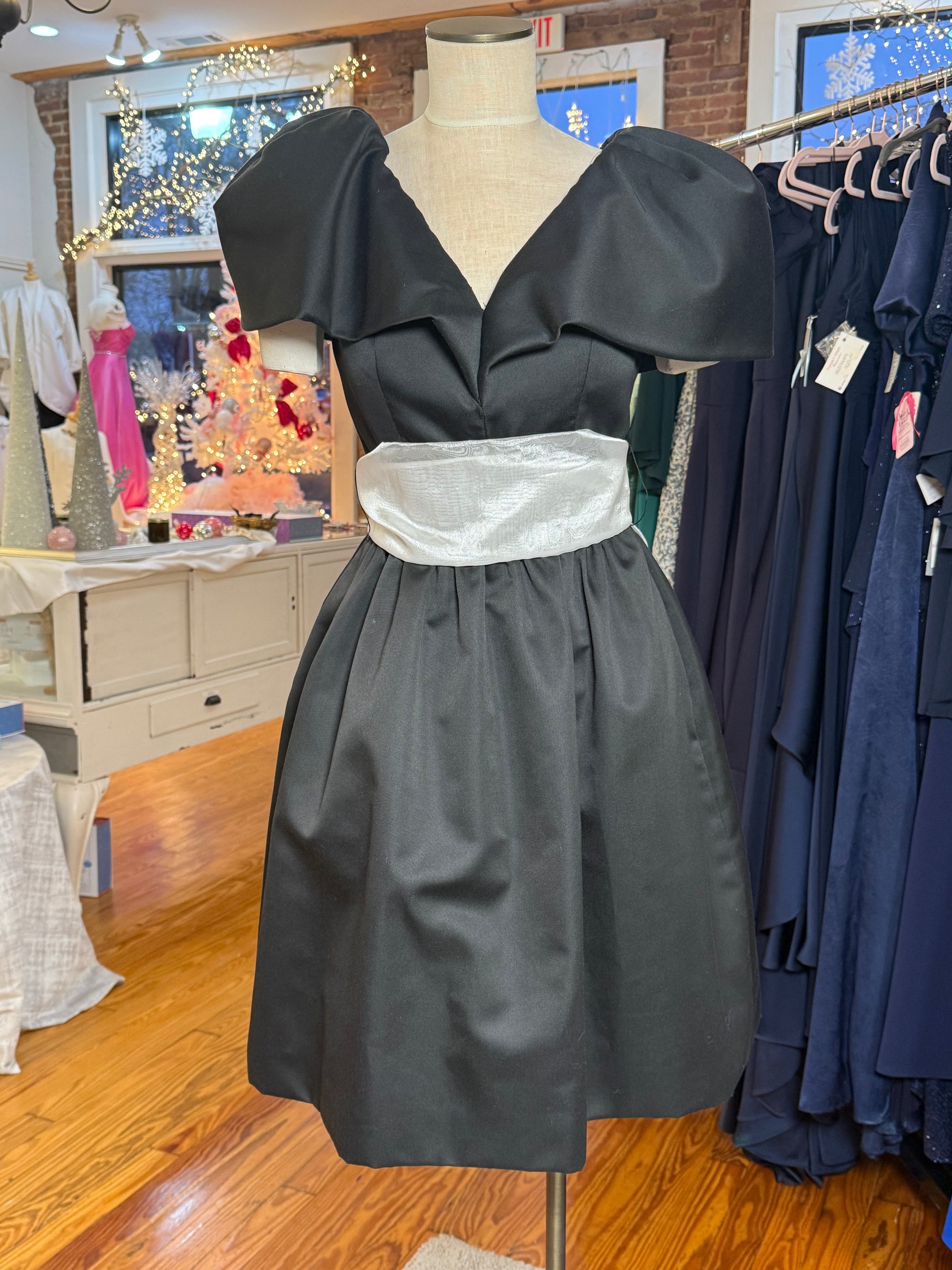 Vintage Victor Costa Black Cocktail Dress with Bubble Sleeves & Sash Belt