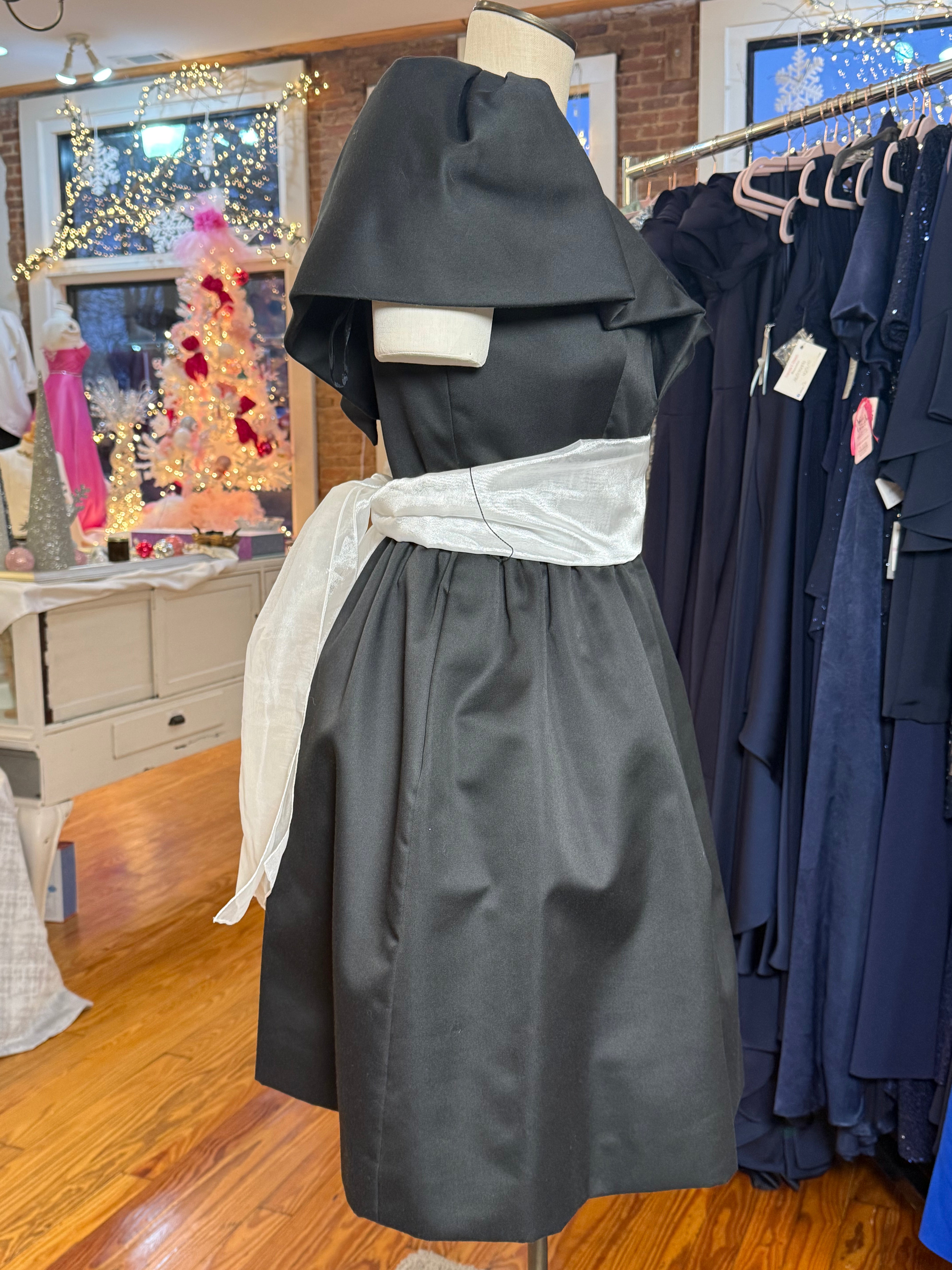 Vintage Victor Costa Black Cocktail Dress with Bubble Sleeves & Sash Belt
