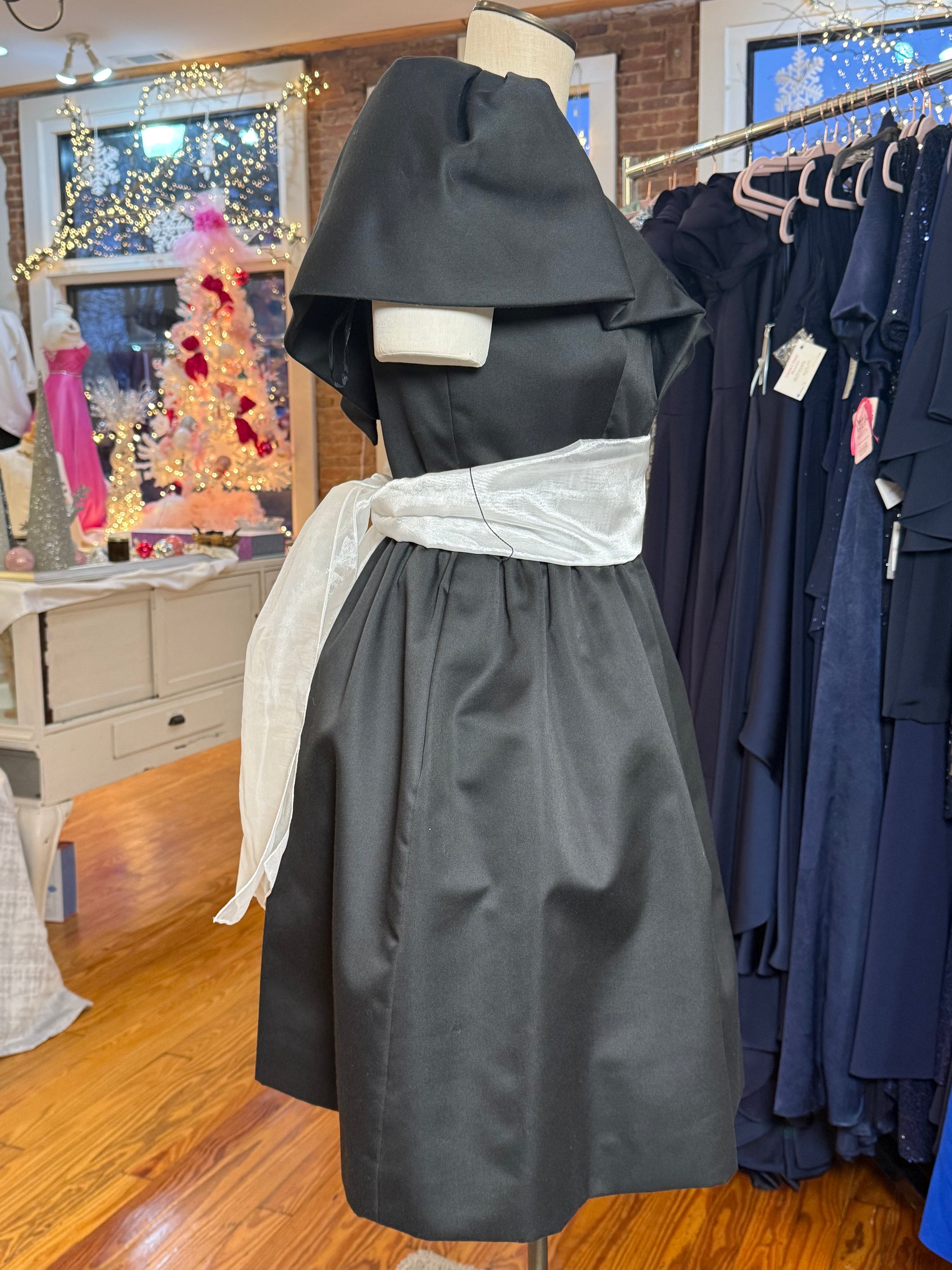 Vintage Victor Costa Black Cocktail Dress with Bubble Sleeves & Sash Belt