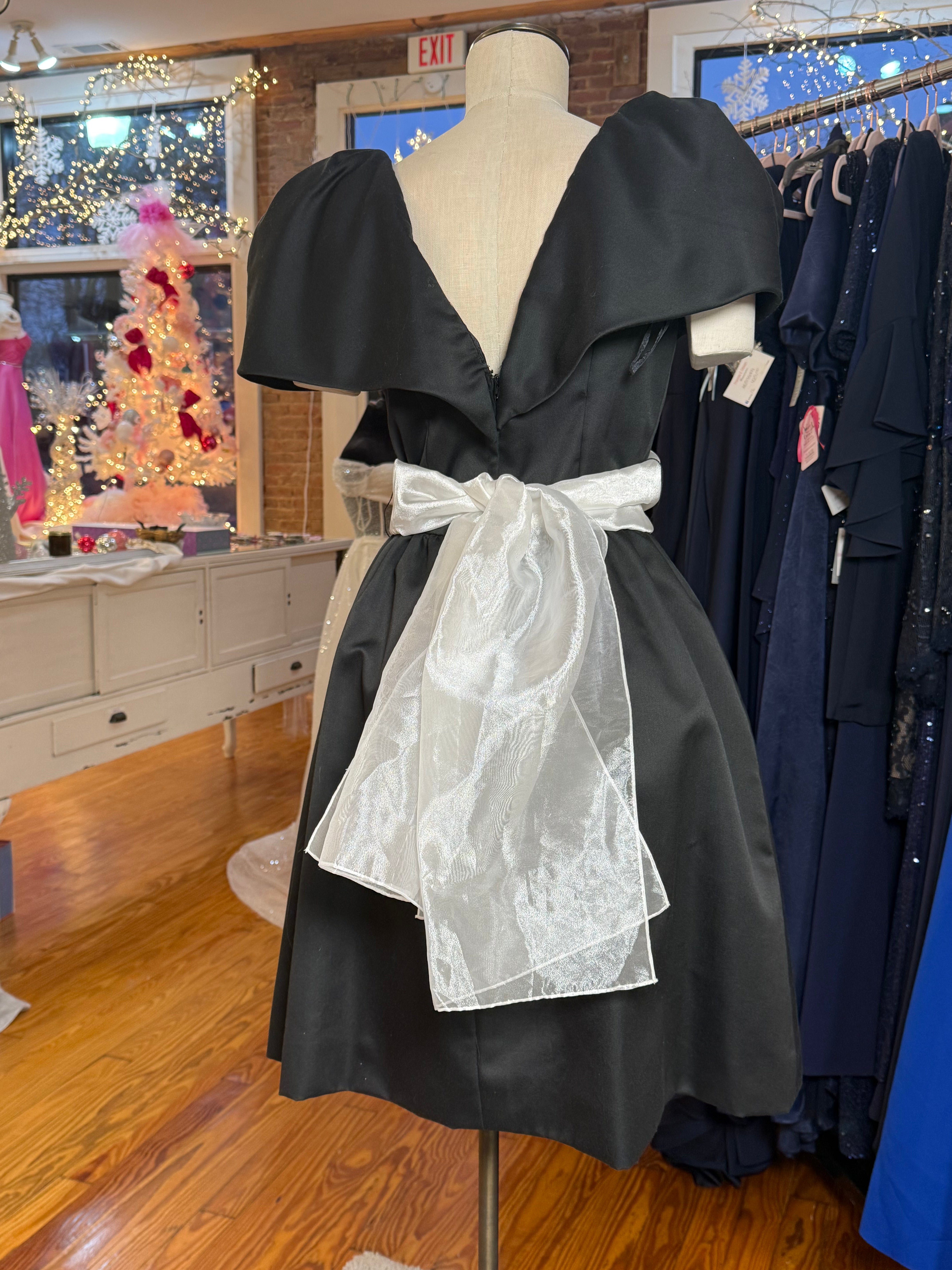 Vintage Victor Costa Black Cocktail Dress with Bubble Sleeves & Sash Belt