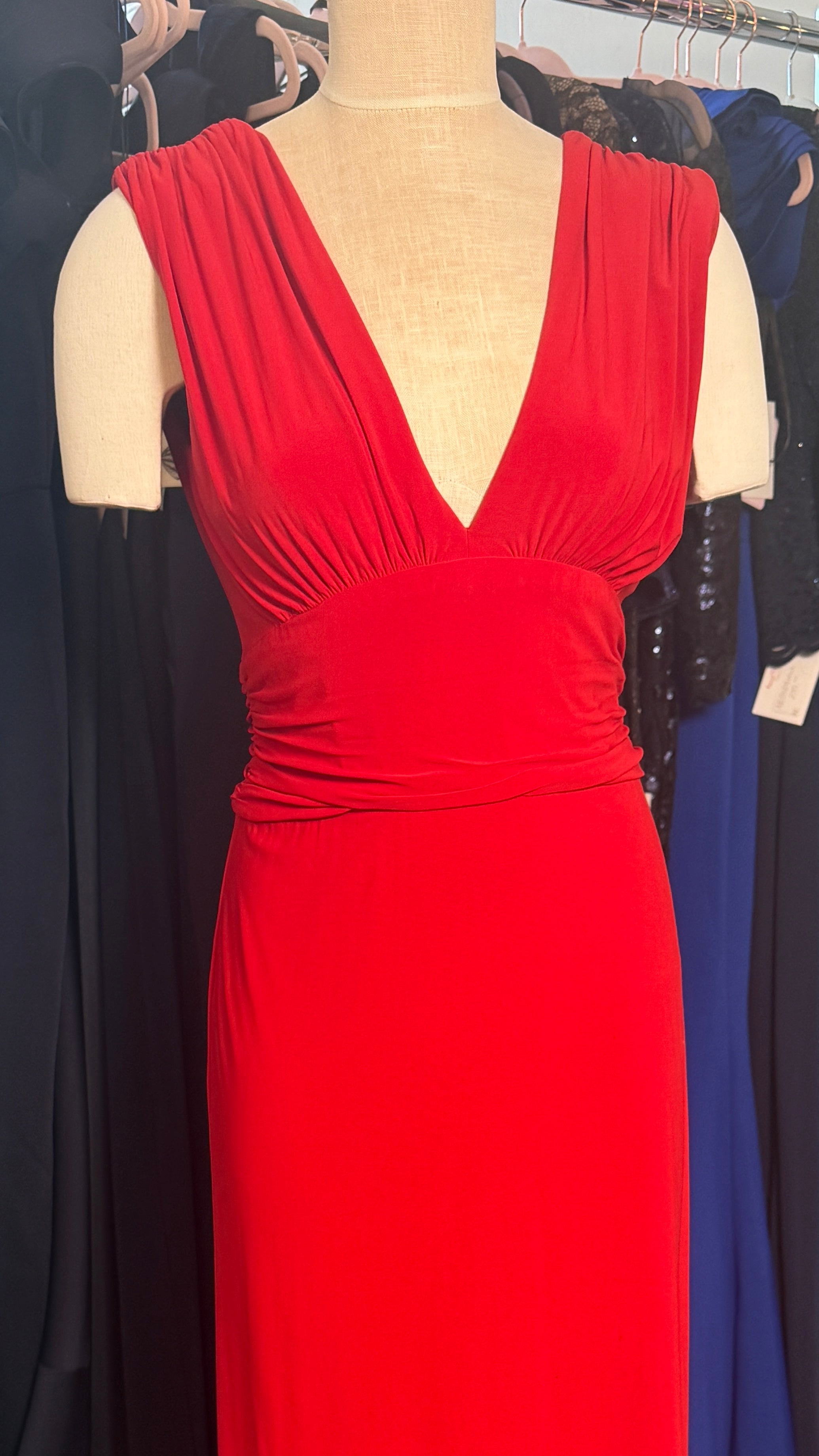 Red V-Neck Evening Gown with Bustled Back Detail - Sleeveless Formal Dress - Size 10 (Fits Like 8)