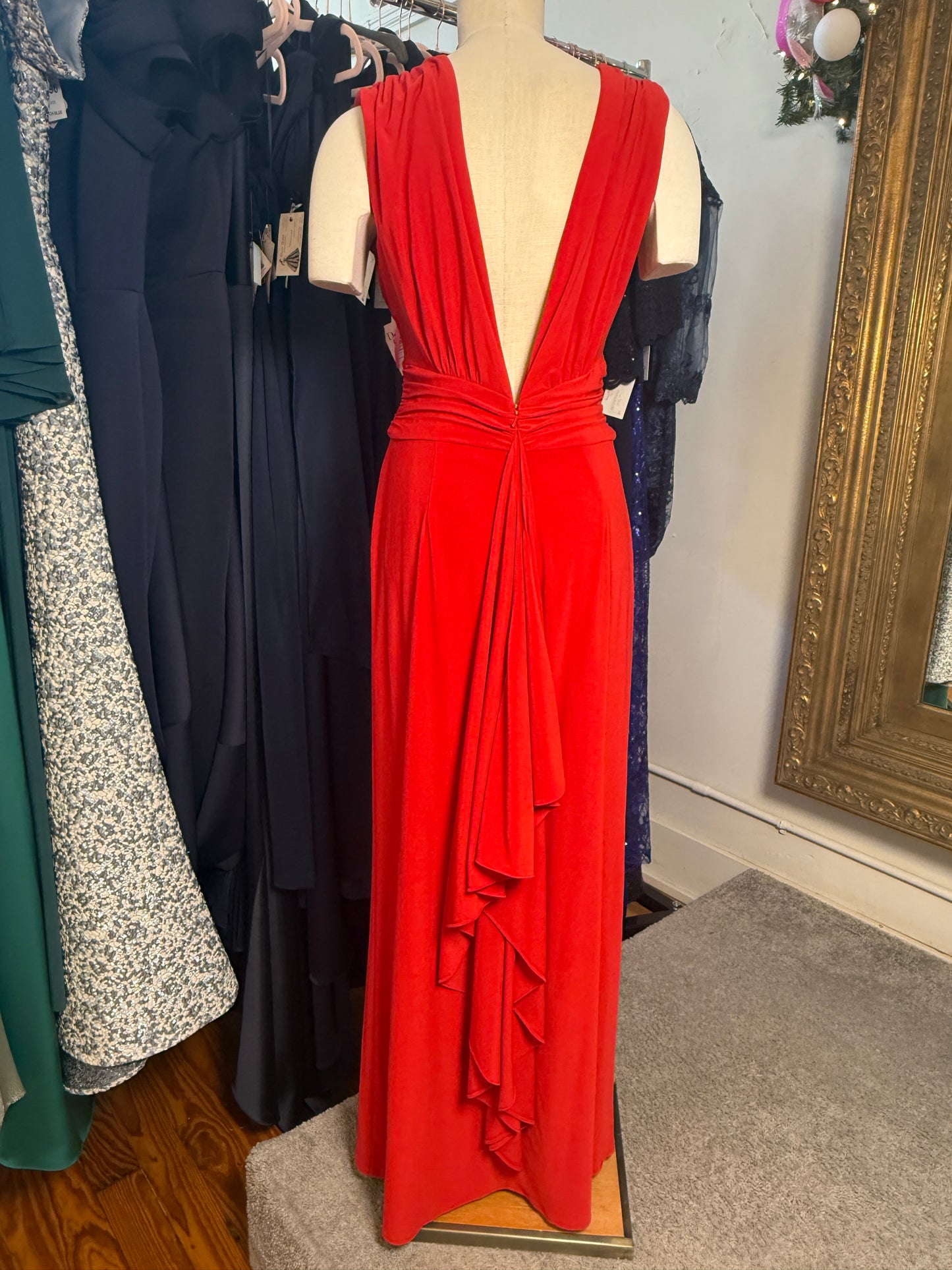 Red V-Neck Evening Gown with Bustled Back Detail - Sleeveless Formal Dress - Size 10 (Fits Like 8)