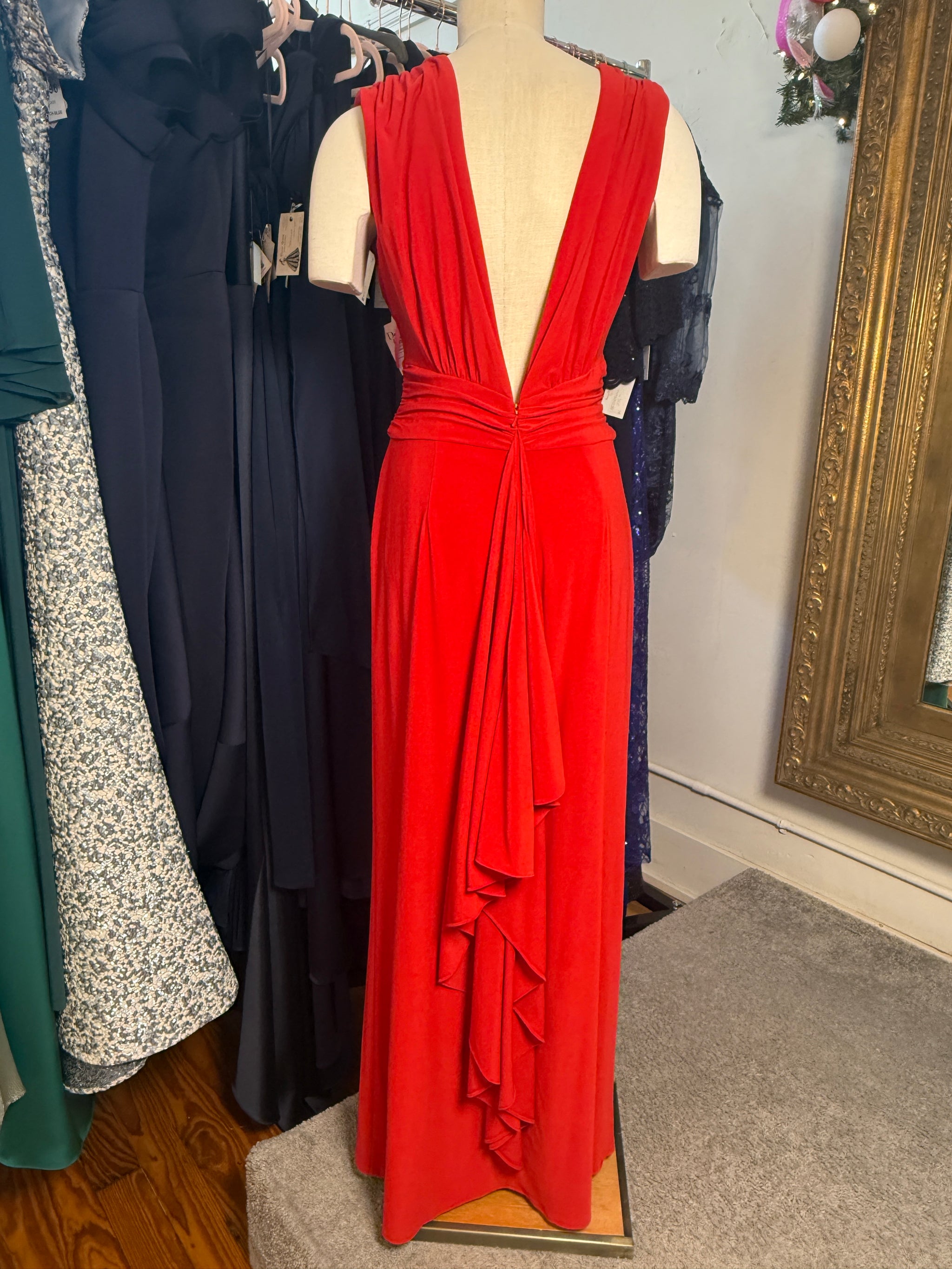 Red V-Neck Evening Gown with Bustled Back Detail - Sleeveless Formal Dress - Size 10 (Fits Like 8)