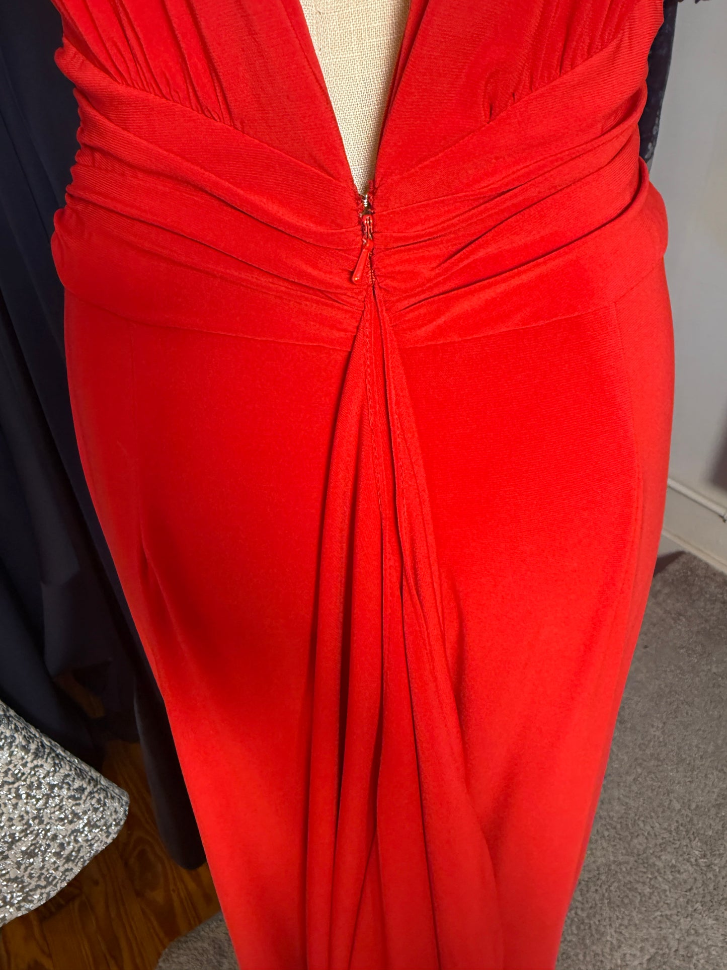 Red V-Neck Evening Gown with Bustled Back Detail - Sleeveless Formal Dress - Size 10 (Fits Like 8)