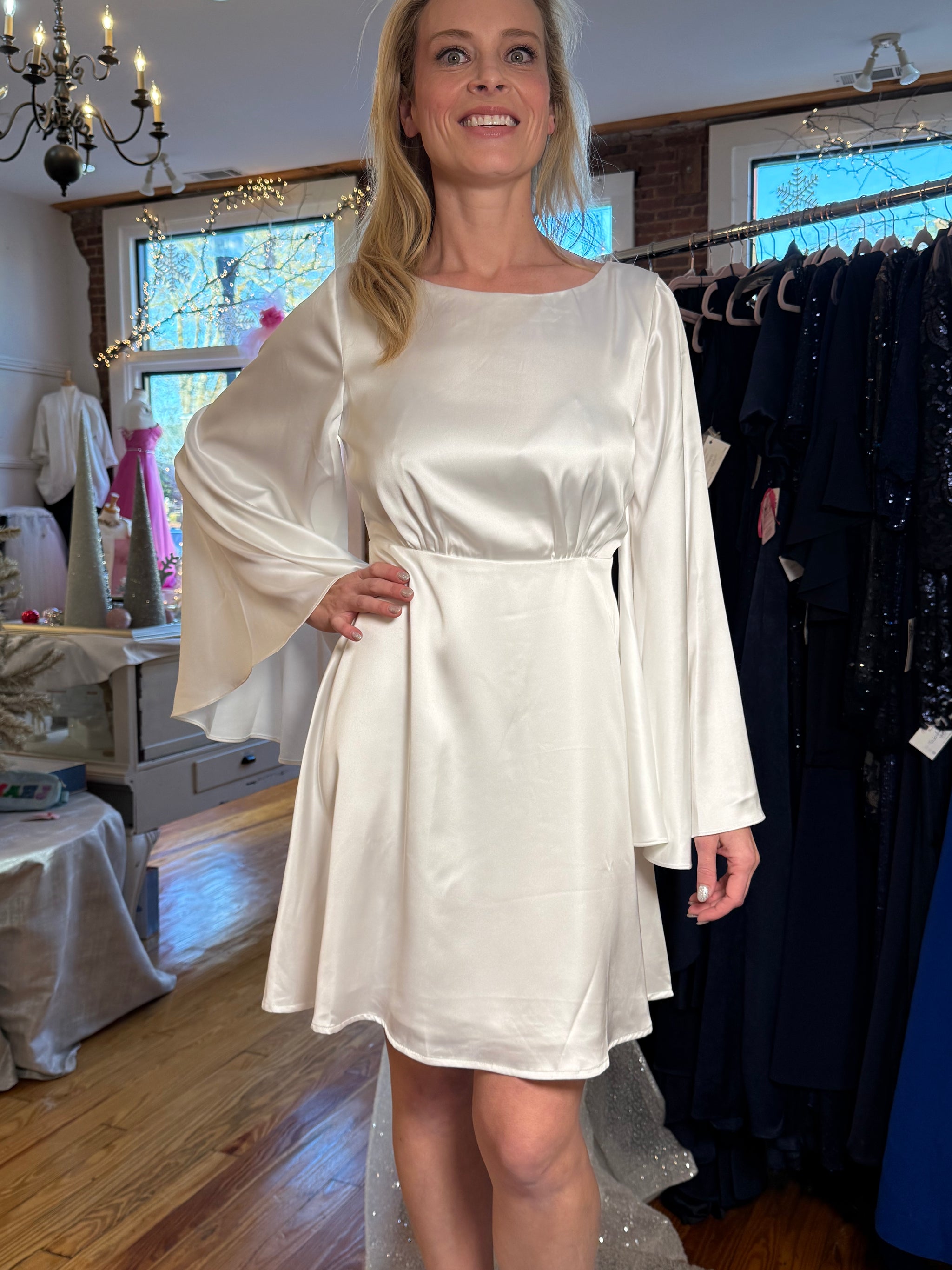 Minuet White Satin Bell Sleeve A-Line Dress with Open Back - Perfect Bridal Shower or Rehearsal Dinner Dress