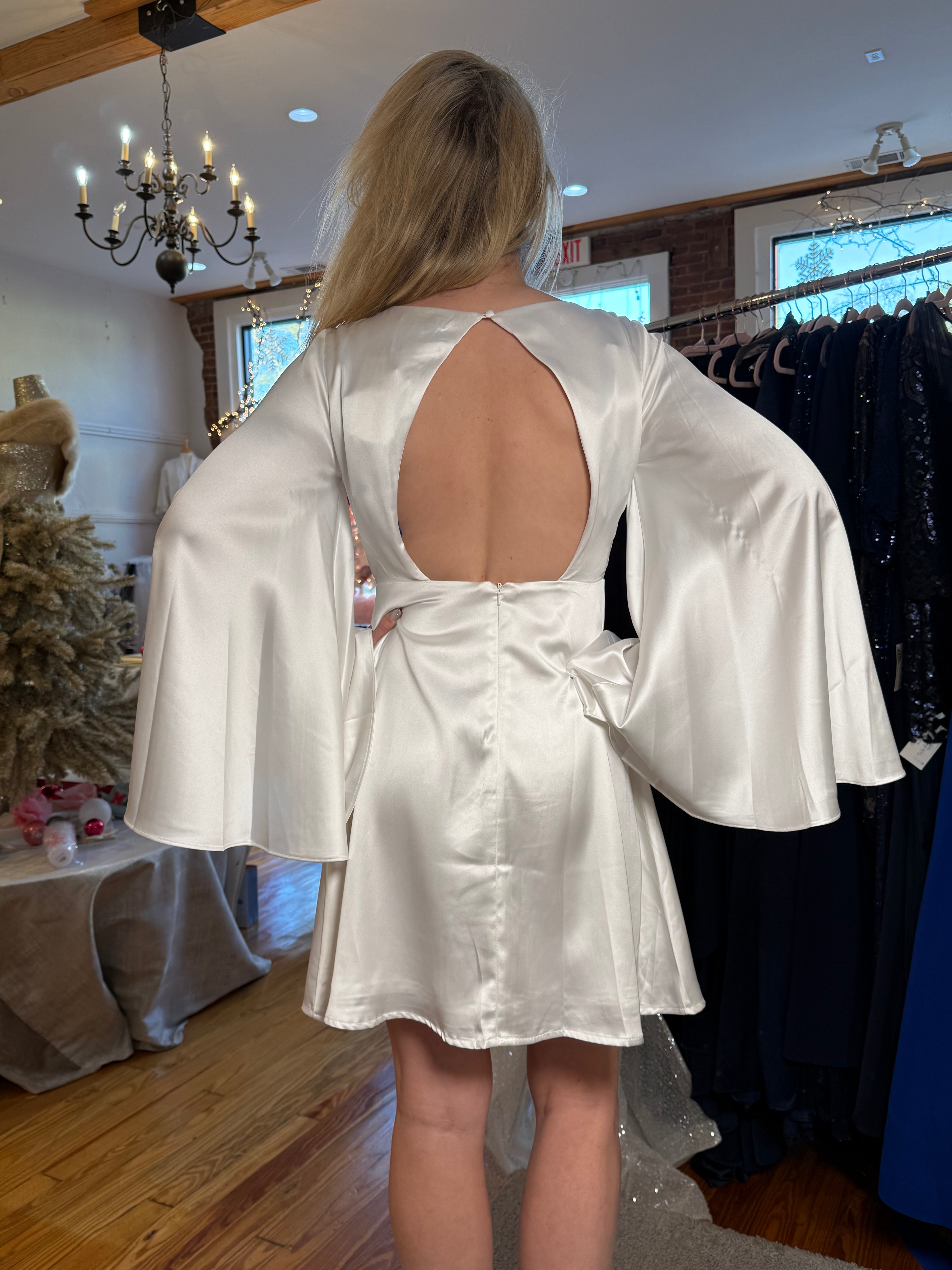 Minuet White Satin Bell Sleeve A-Line Dress with Open Back - Perfect Bridal Shower or Rehearsal Dinner Dress