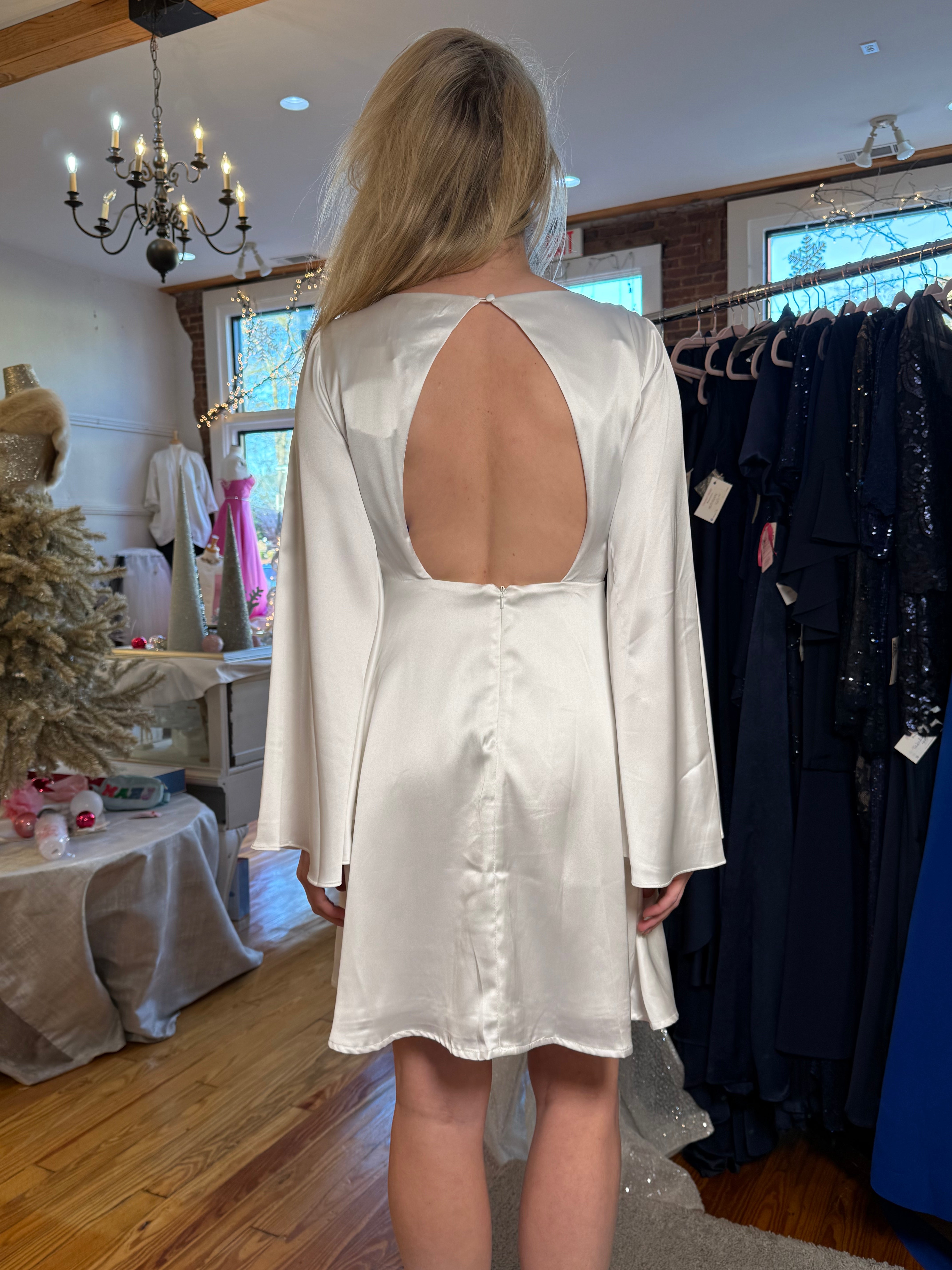 Minuet White Satin Bell Sleeve A-Line Dress with Open Back - Perfect Bridal Shower or Rehearsal Dinner Dress