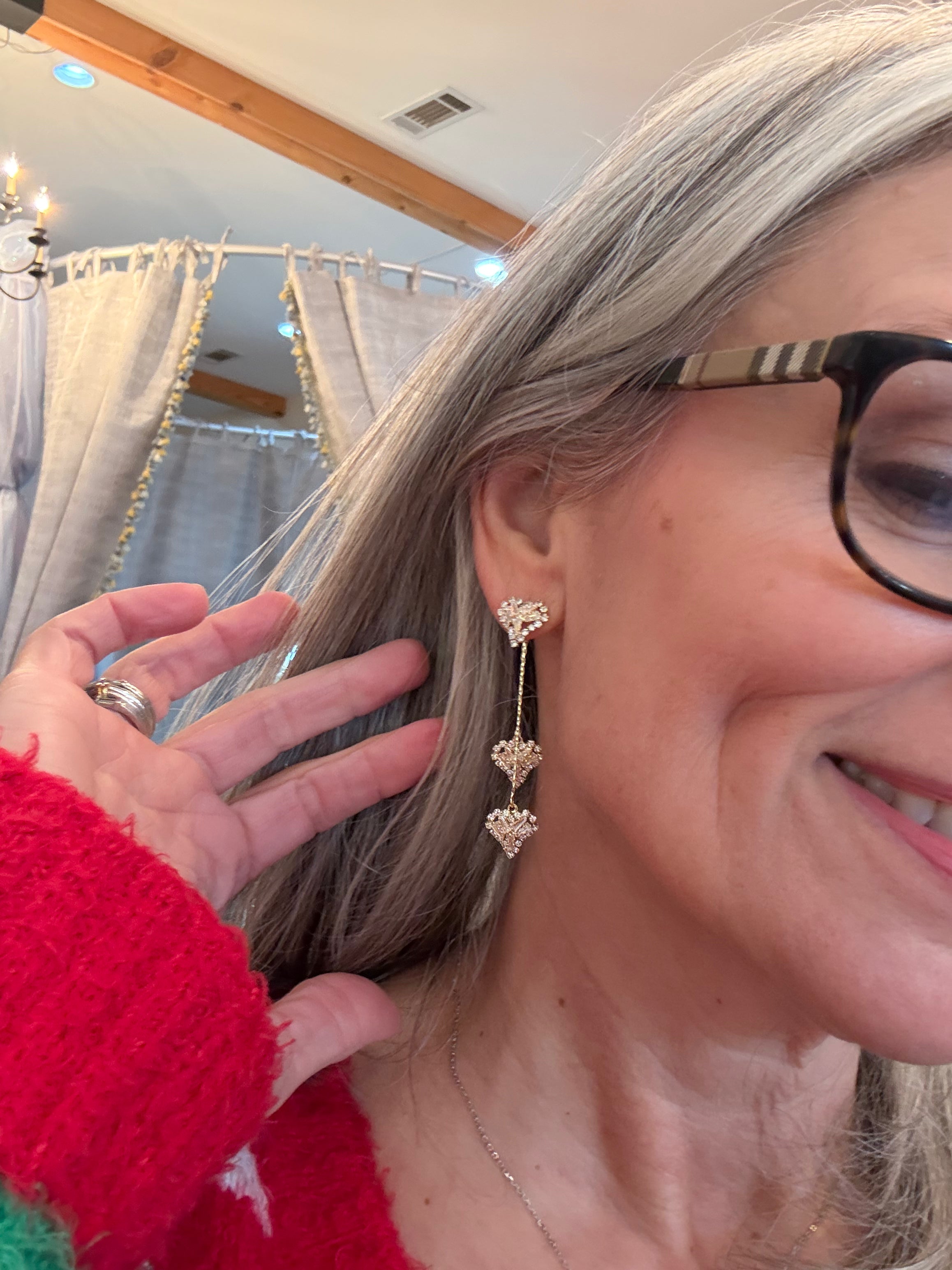 Crystal Heart Triple Drop Chain Earrings - Long Dangling Statement Earrings in Gold Tone