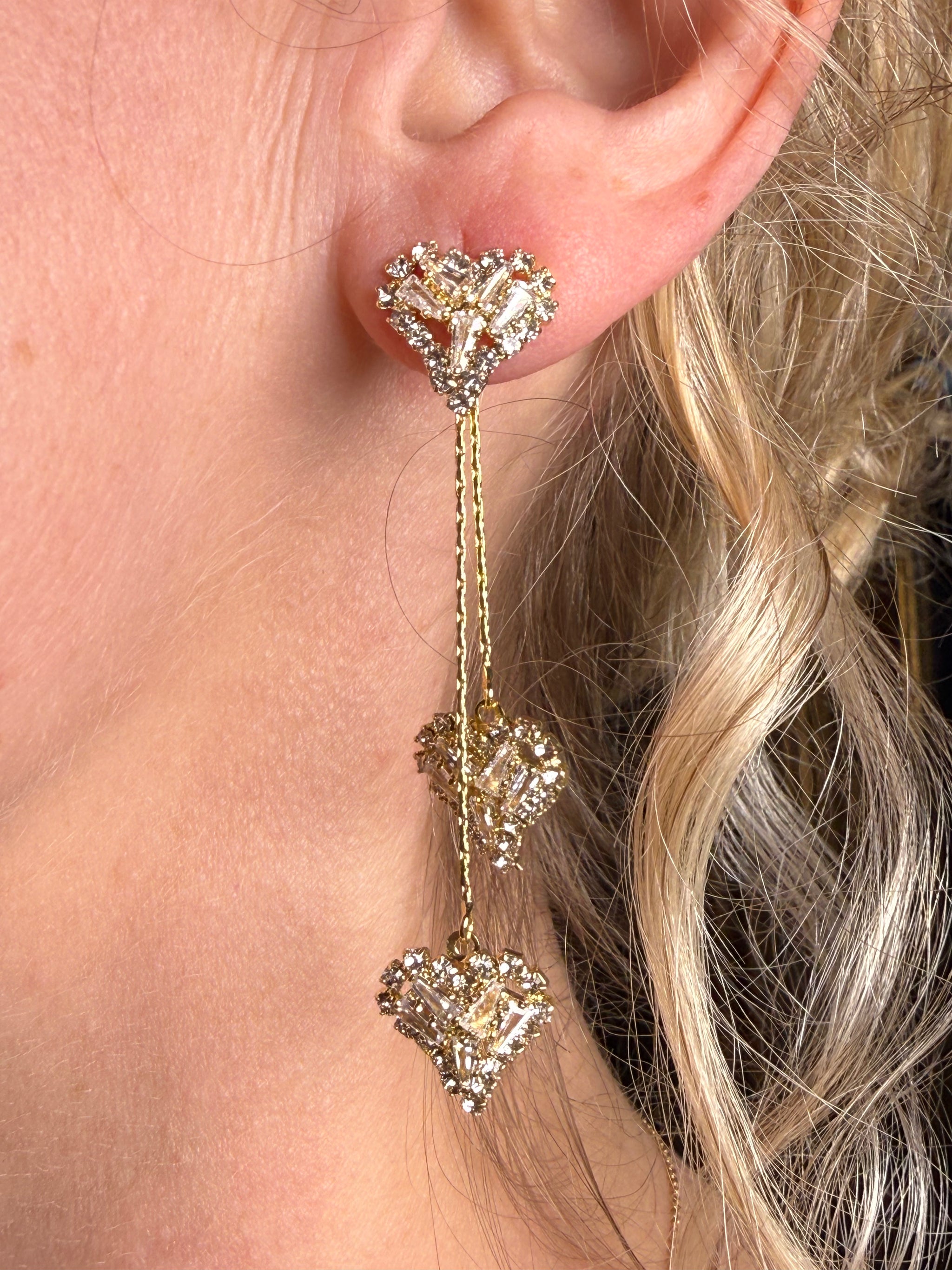 Crystal Heart Triple Drop Chain Earrings - Long Dangling Statement Earrings in Gold Tone