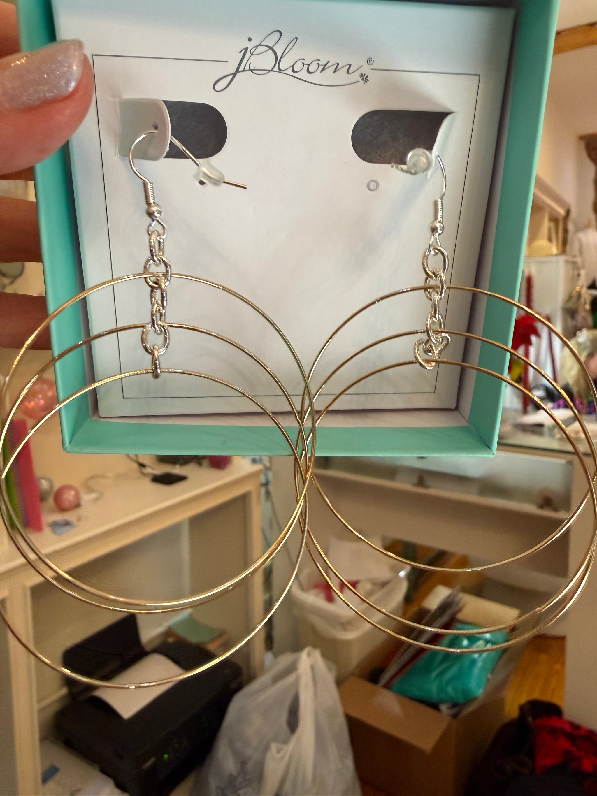 Triple Gold Hoop Drop Earrings with Silver Chain - Large Statement Circle Earrings