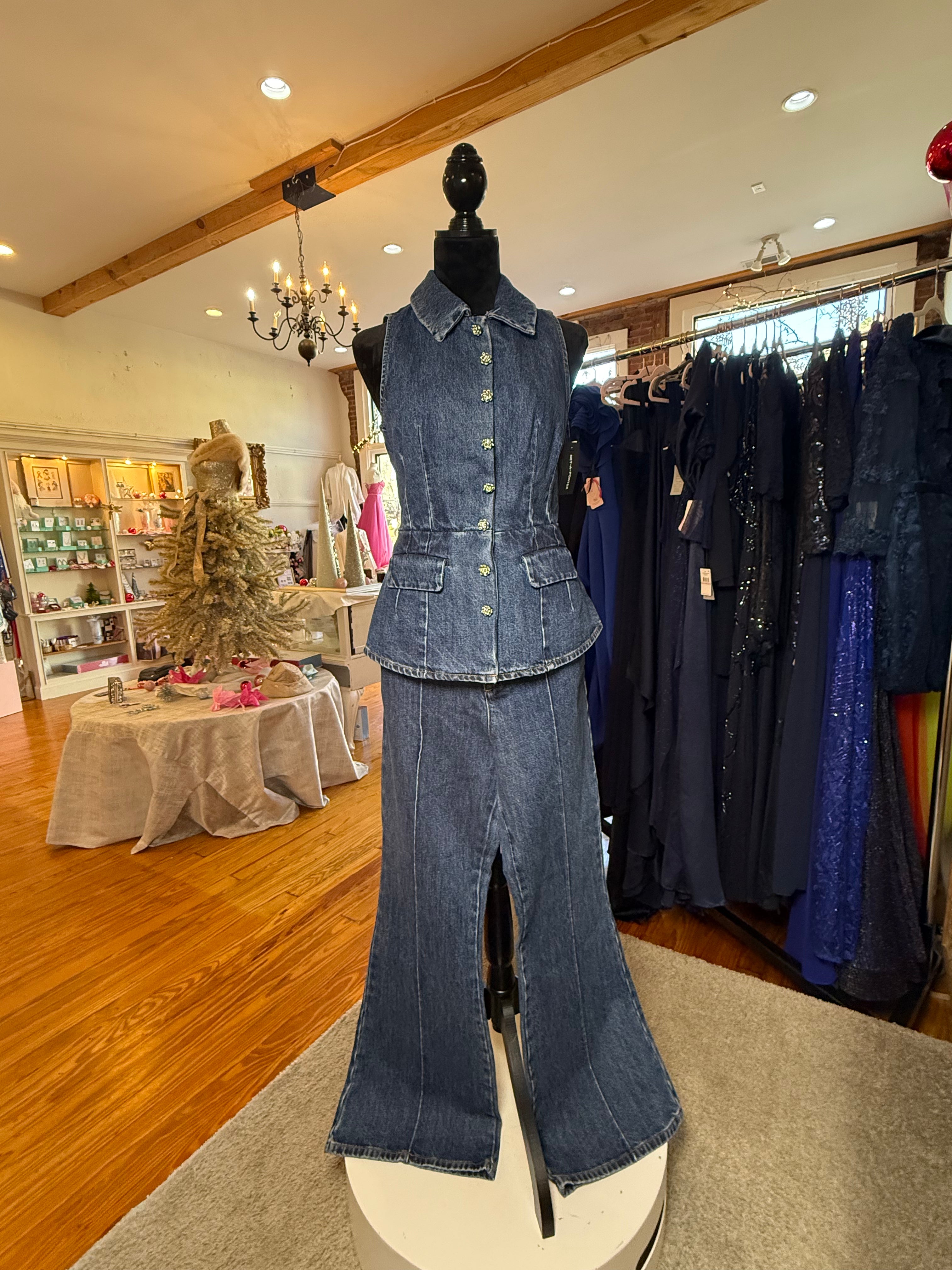 Self-Portrait Denim Blue Jumpsuit with Crystal Buttons - Detachable Two-Piece Designer Jumpsuit - New with Tags