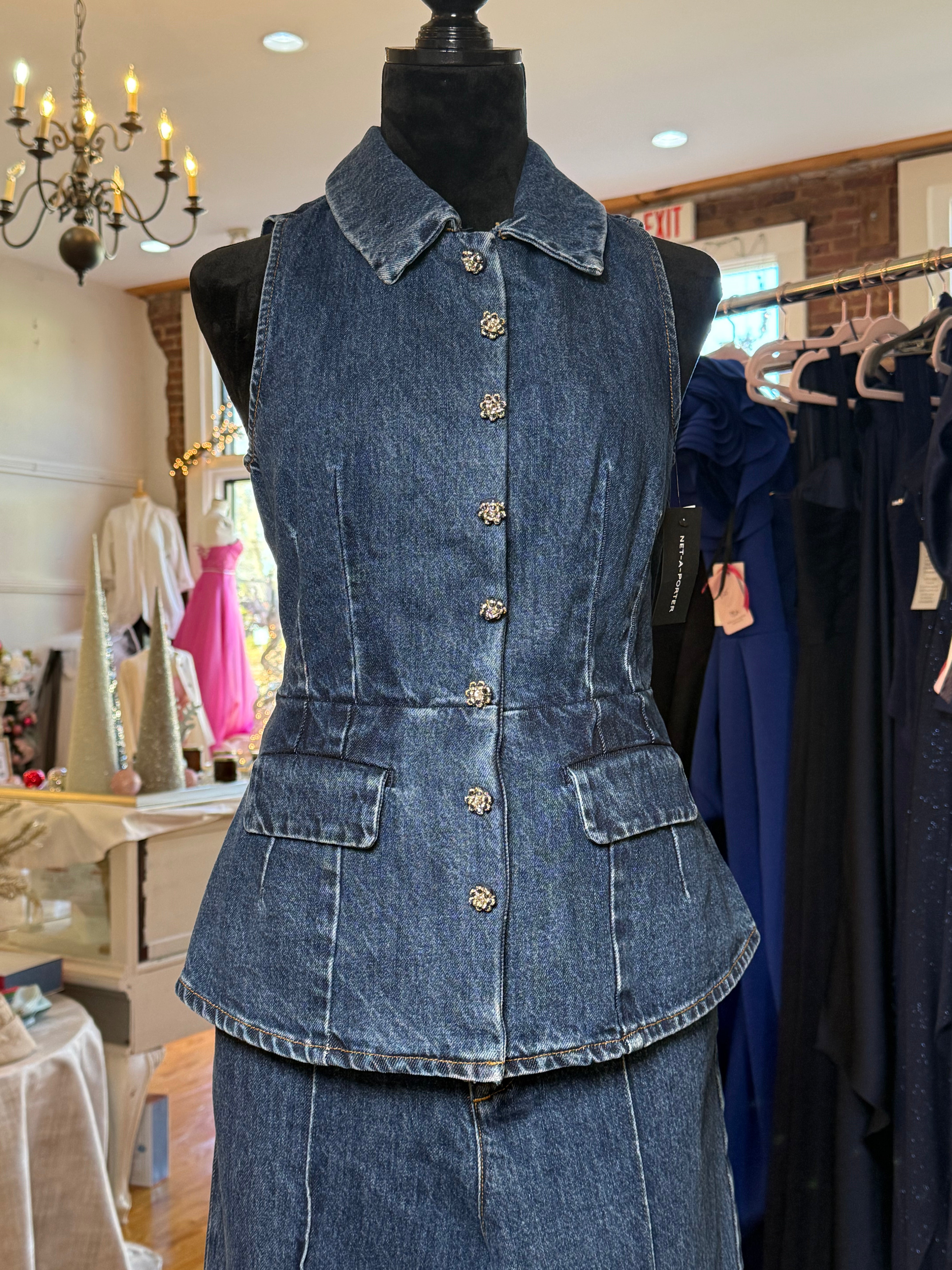 Self-Portrait Denim Blue Jumpsuit with Crystal Buttons - Detachable Two-Piece Designer Jumpsuit - New with Tags