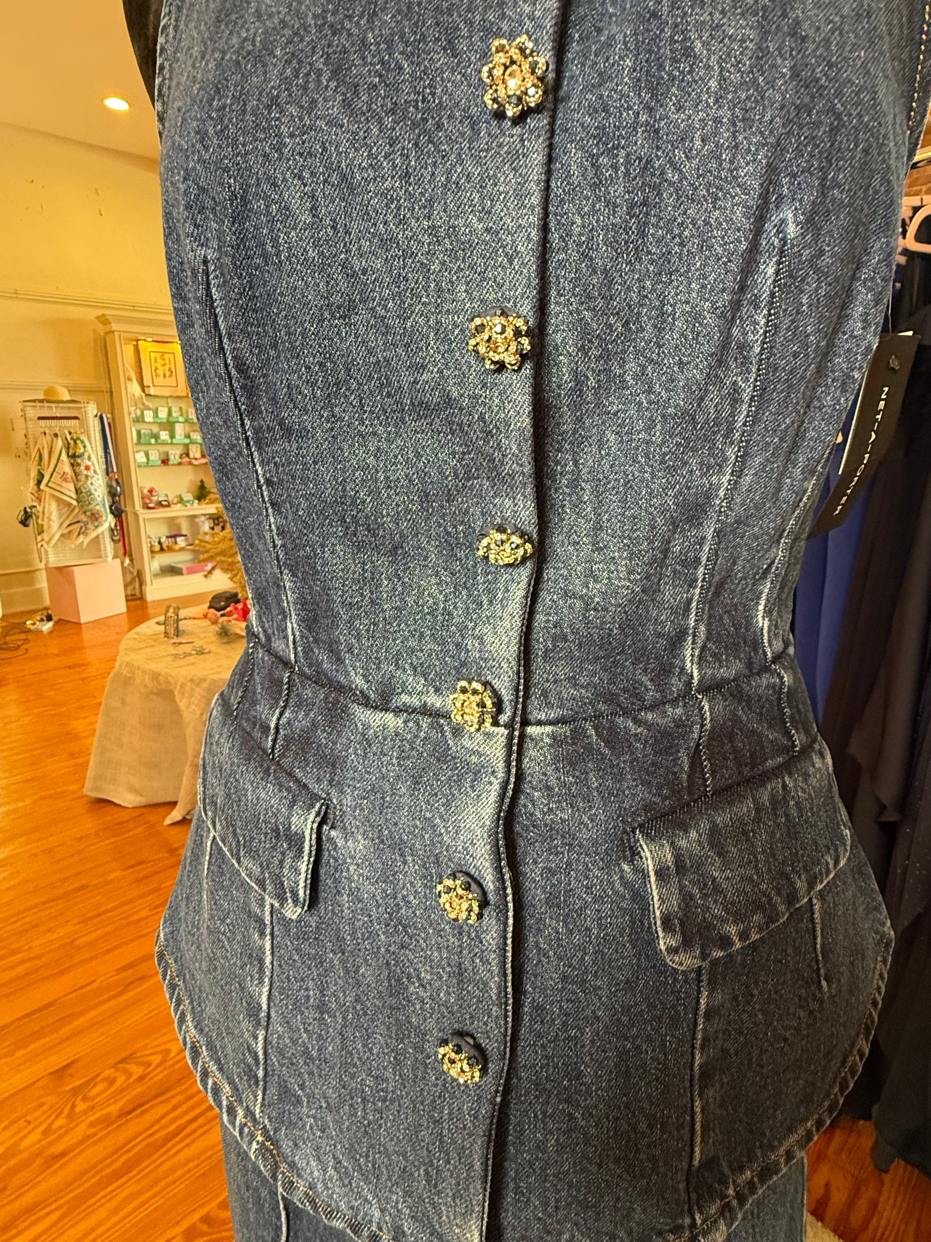 Self-Portrait Denim Blue Jumpsuit with Crystal Buttons - Detachable Two-Piece Designer Jumpsuit - New with Tags