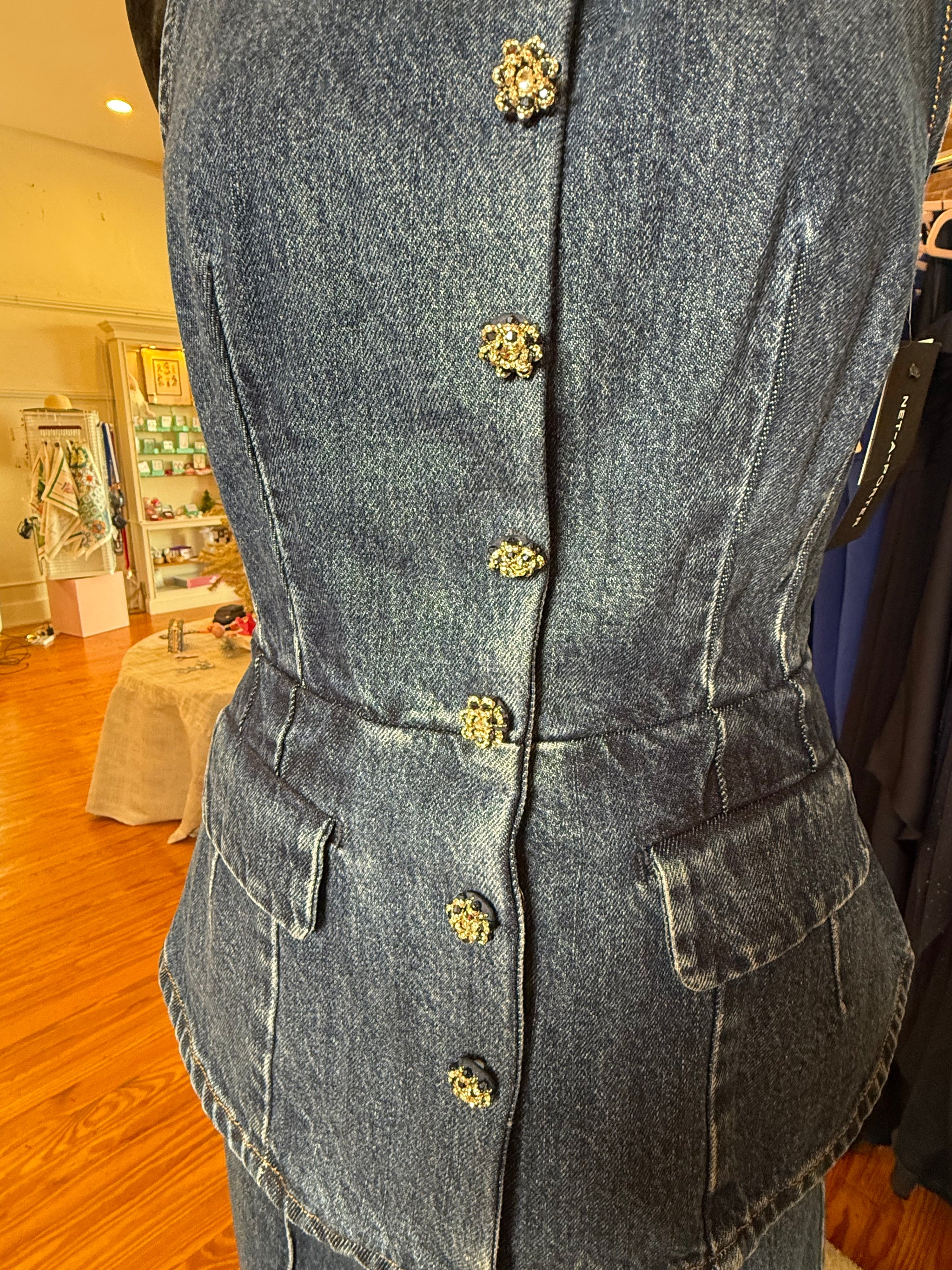 Self-Portrait Denim Blue Jumpsuit with Crystal Buttons - Detachable Two-Piece Designer Jumpsuit - New with Tags