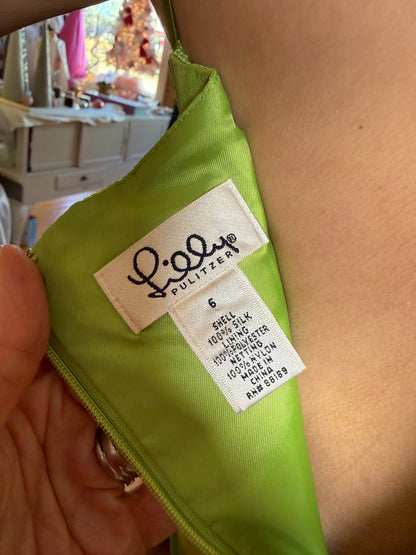 Vintage Lilly Pulitzer Spring Green Silk Dress with Boned Bodice and Drop Waist
