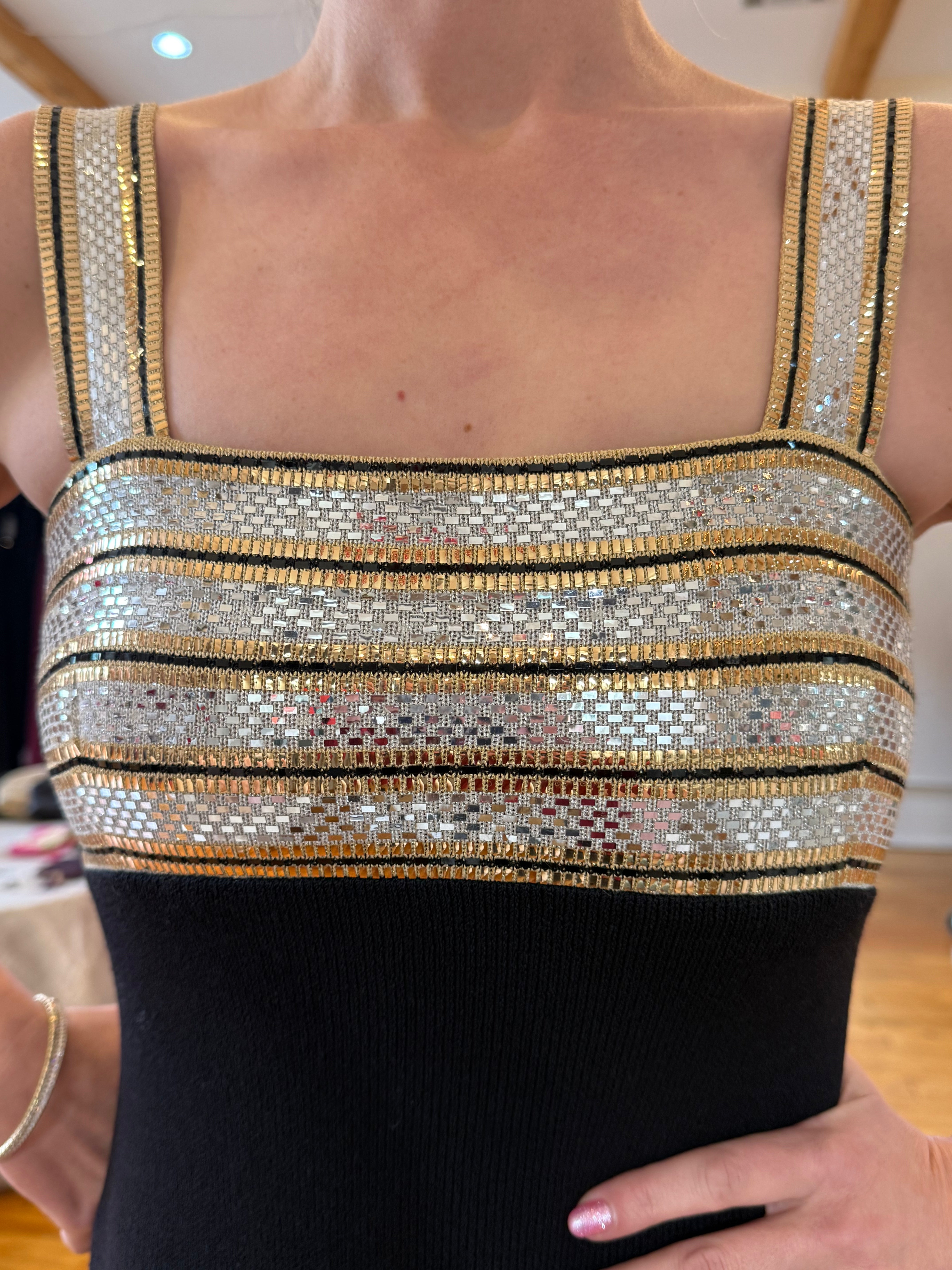 Vintage St. John Black Gold Silver Sequin Column Evening Gown Size 4 Square Neck