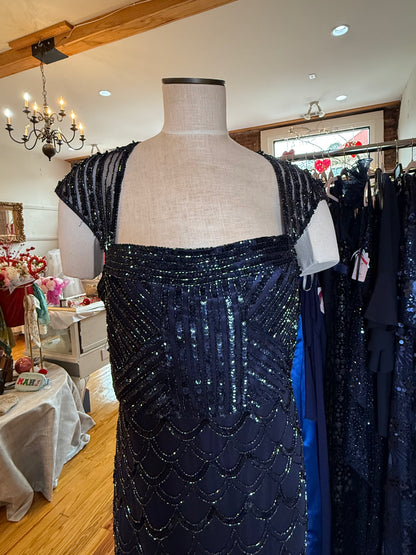 Vintage Cache Midnight Blue Sequin Beaded Gown, Size 14