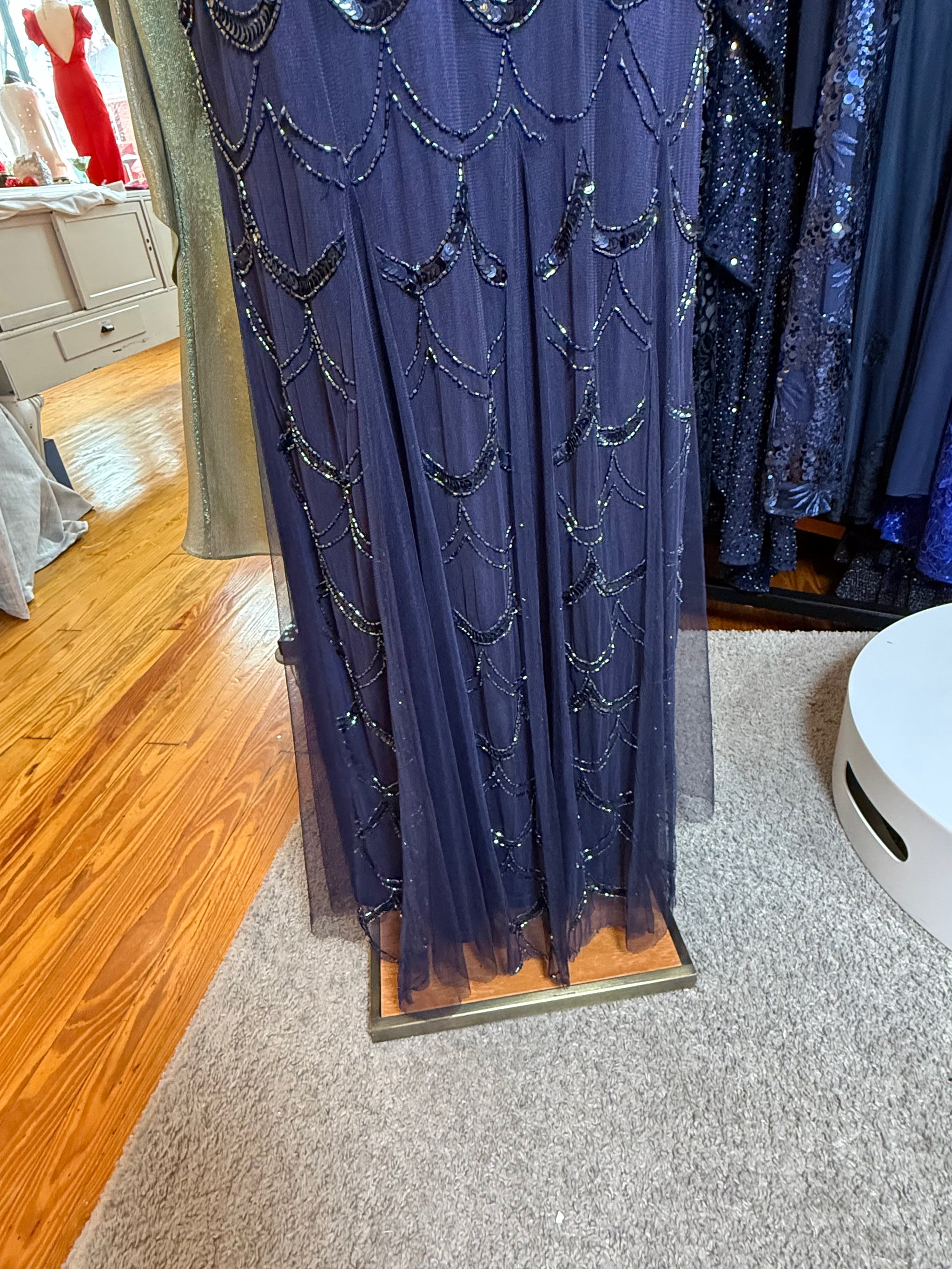 Vintage Cache midnight blue sequin beaded gown