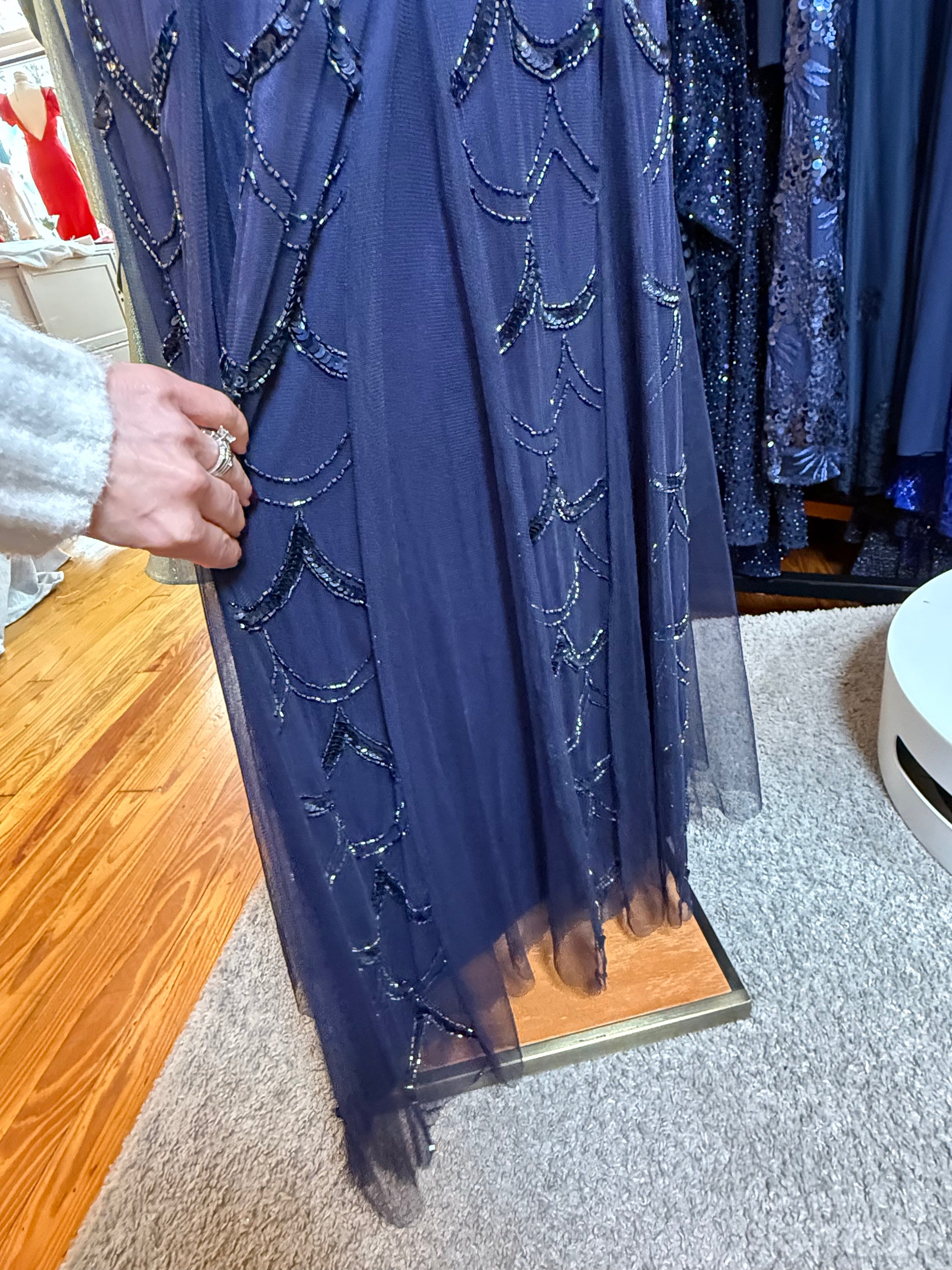 Vintage Cache midnight blue sequin beaded gown