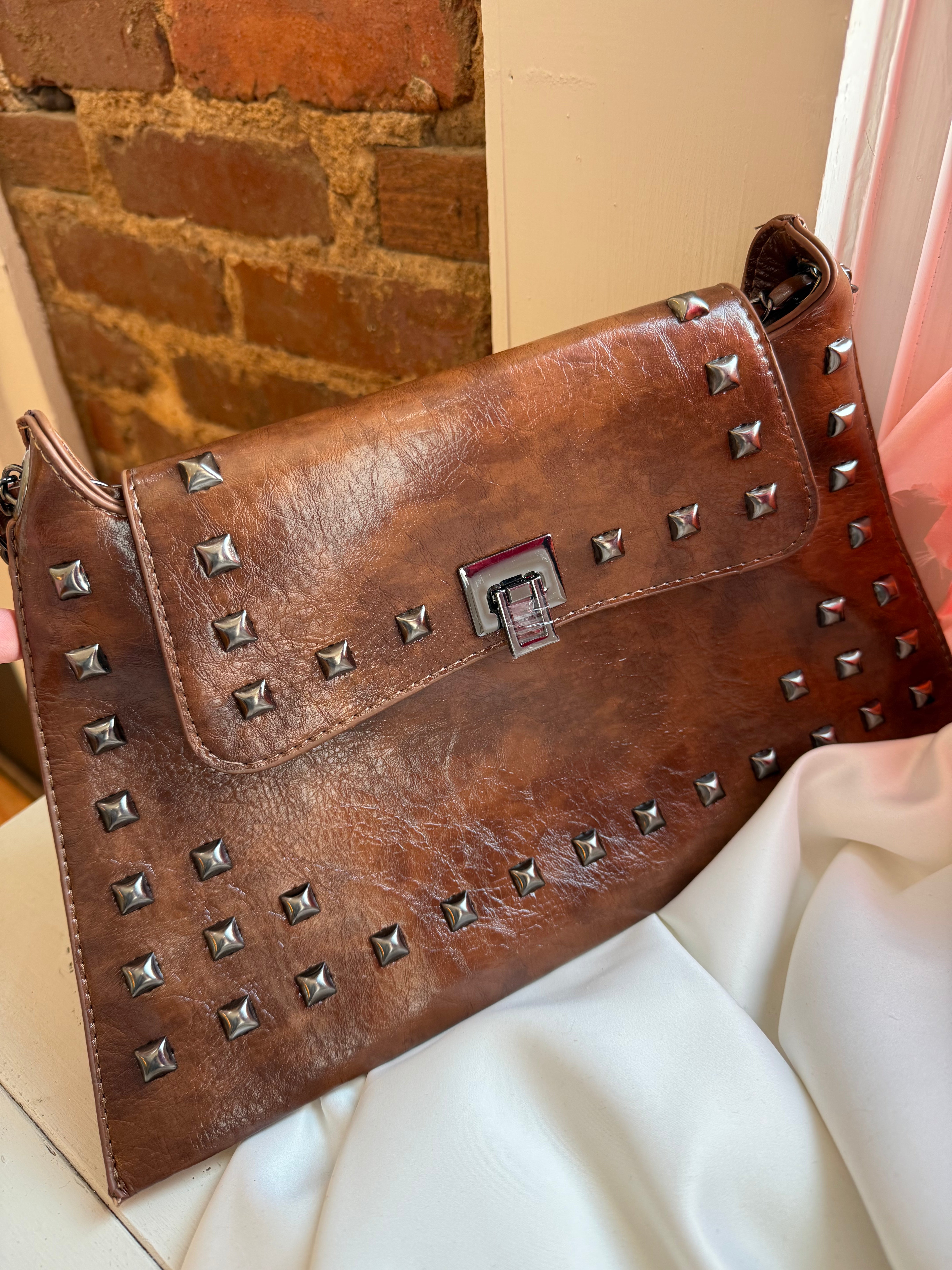 Studded Leather Cross Body/Shoulder Bag, Brown