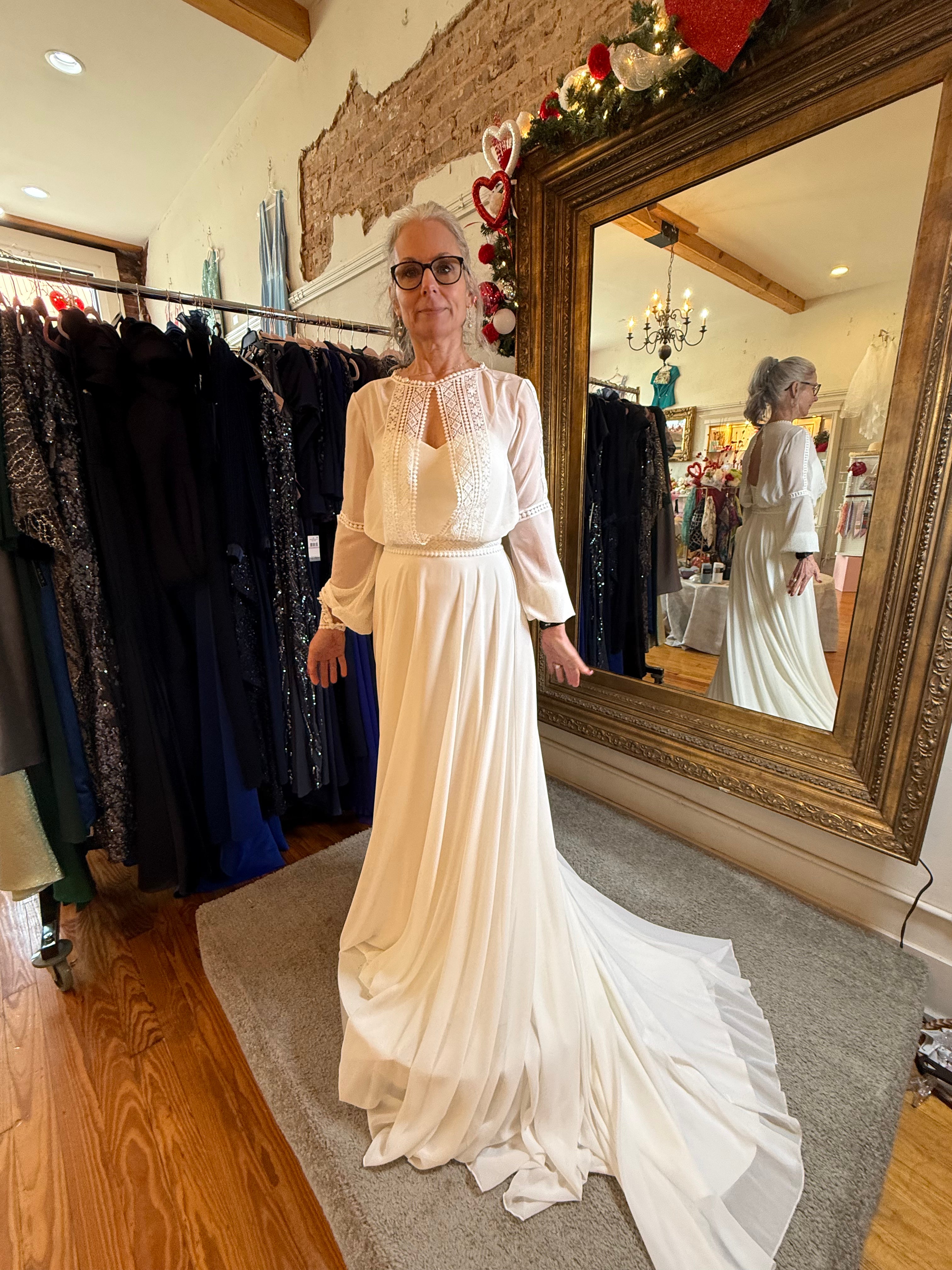 Angela Bianca by Monica Loretti Long Sleeve A-Line Chiffon Wedding Gown