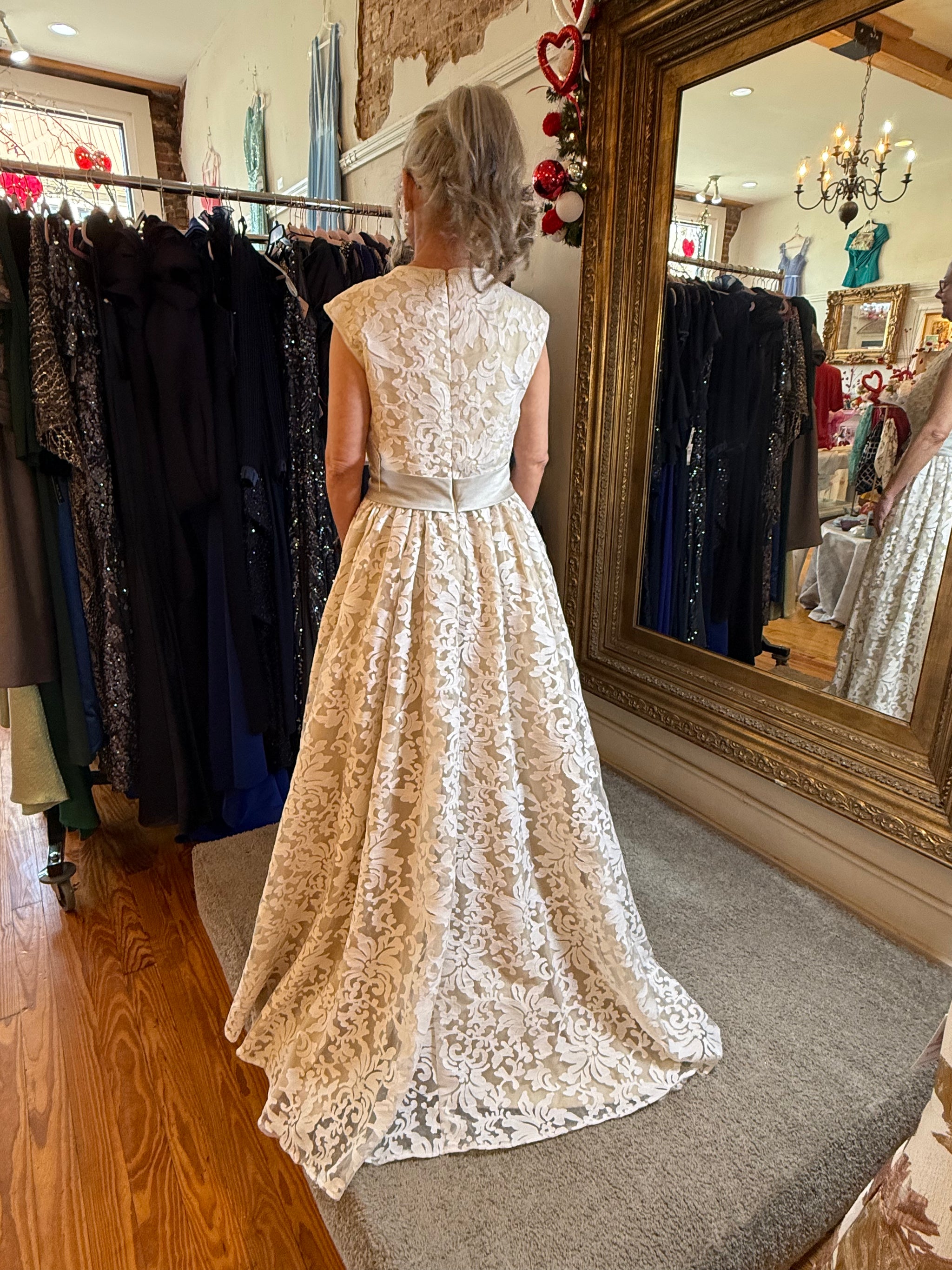 White Floral Lace Formal Gown with Satin Sash & Train