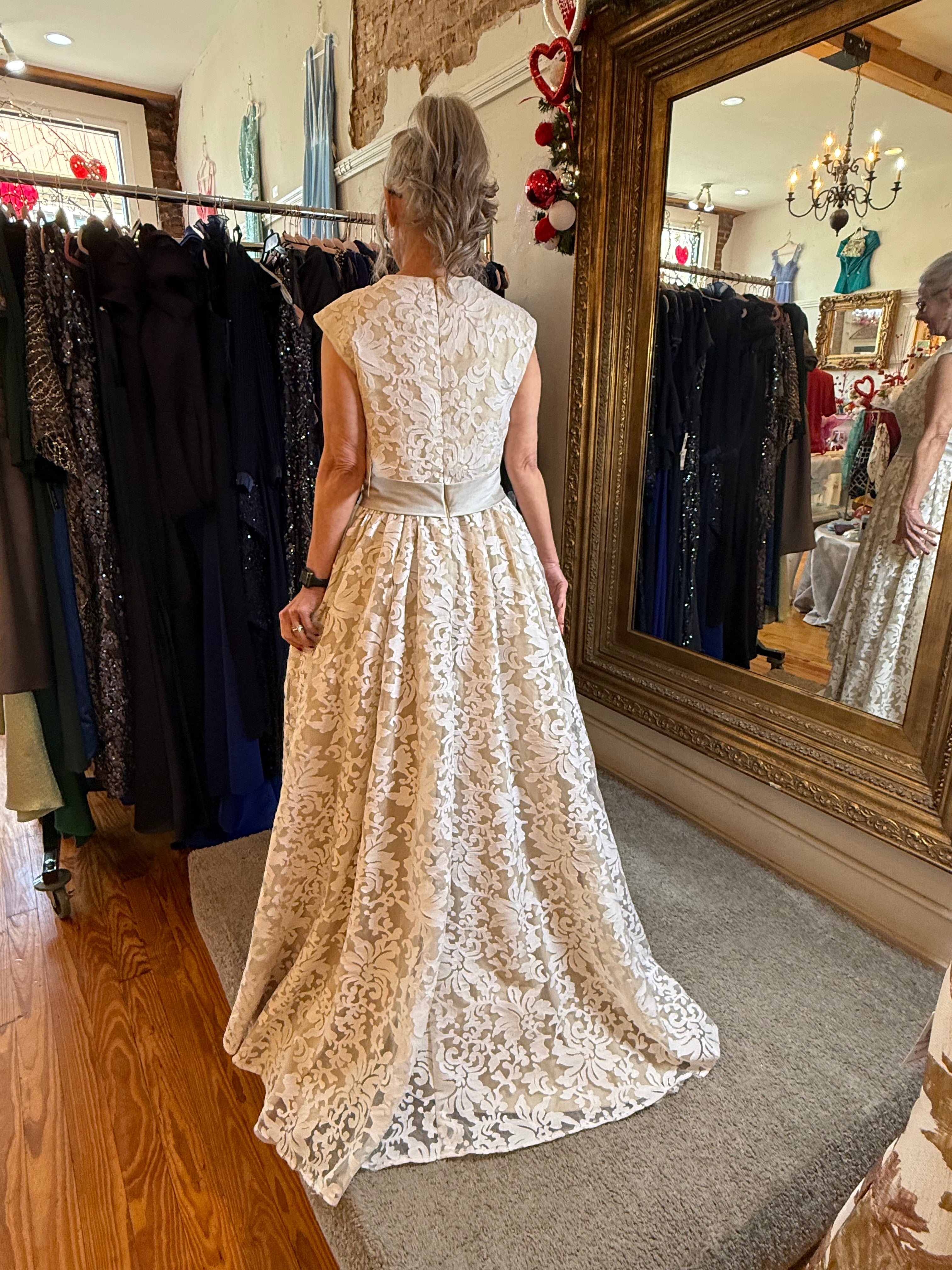 White Floral Lace Formal Gown with Satin Sash & Train