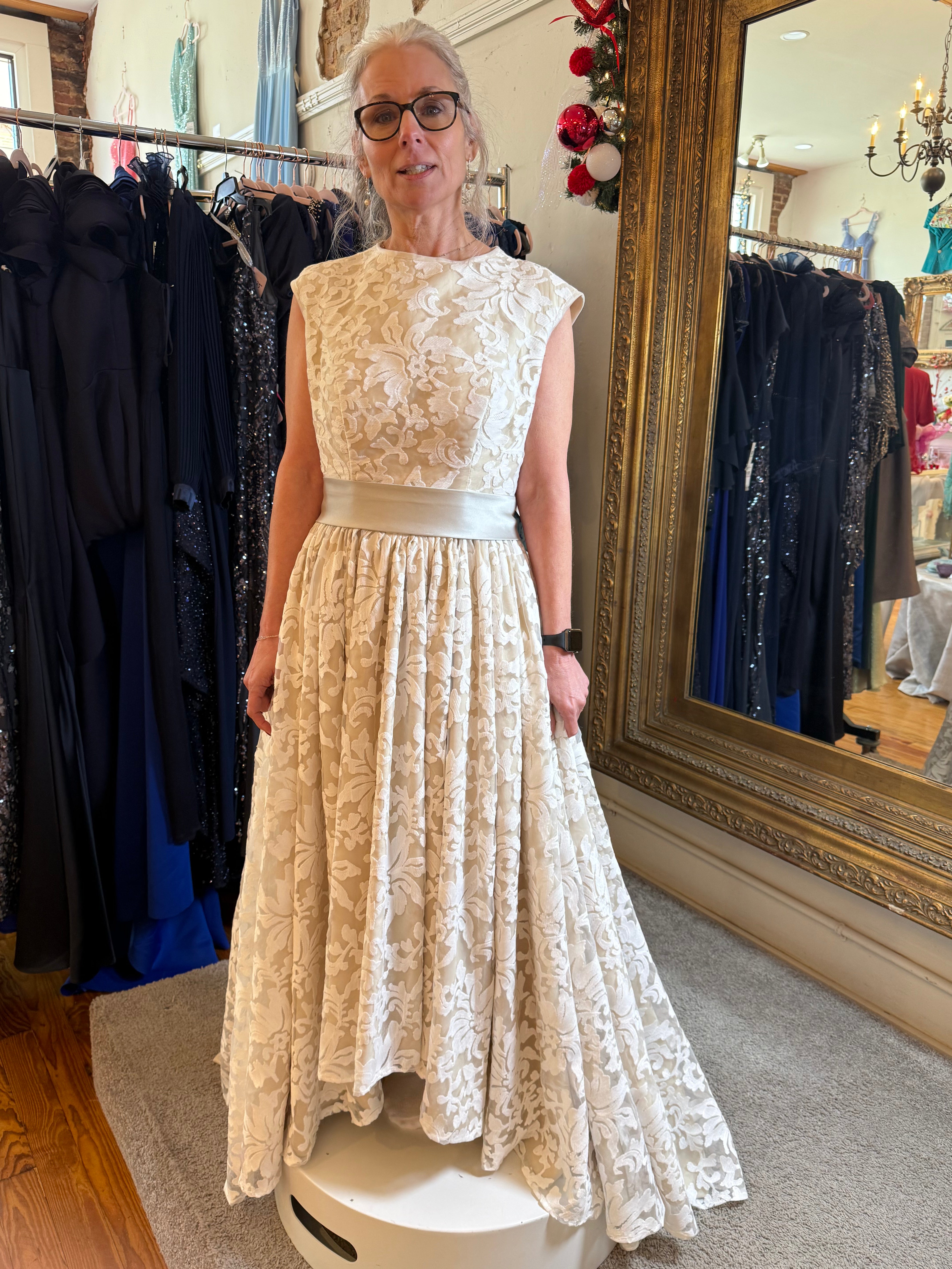 White Floral Lace Formal Gown with Satin Sash & Train