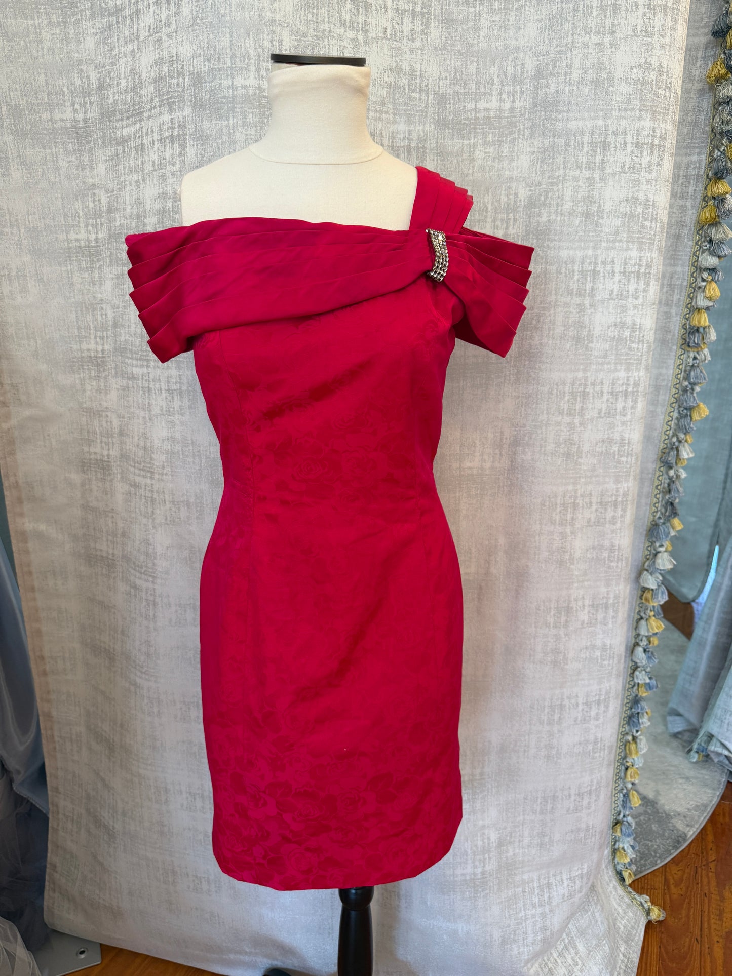 AJ Bari Vintage 100% Silk Hot Pink Asymmetric One-Shoulder Cocktail Dress