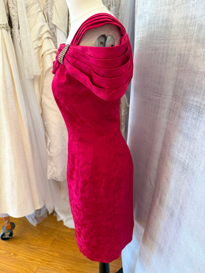 AJ Bari Vintage 100% Silk Hot Pink Asymmetric One-Shoulder Cocktail Dress