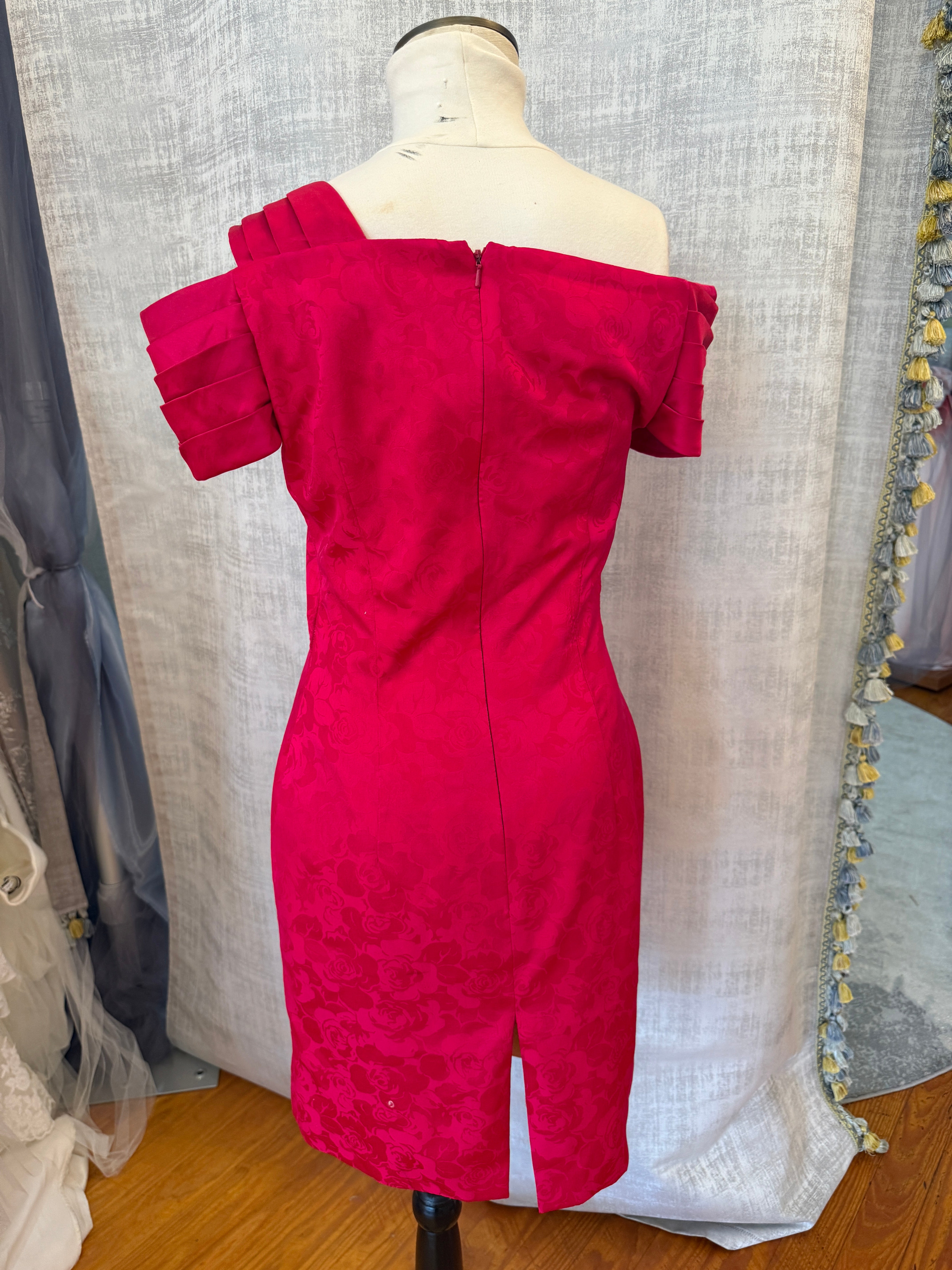 AJ Bari Vintage 100% Silk Hot Pink Asymmetric One-Shoulder Cocktail Dress