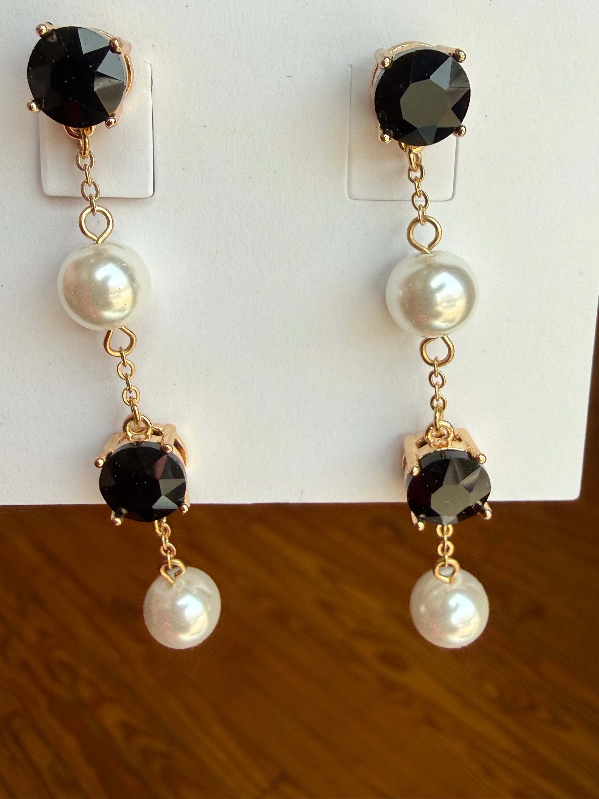 Black Crystal & Pearl Drop Earrings | Gold-Tone Dangle Studs