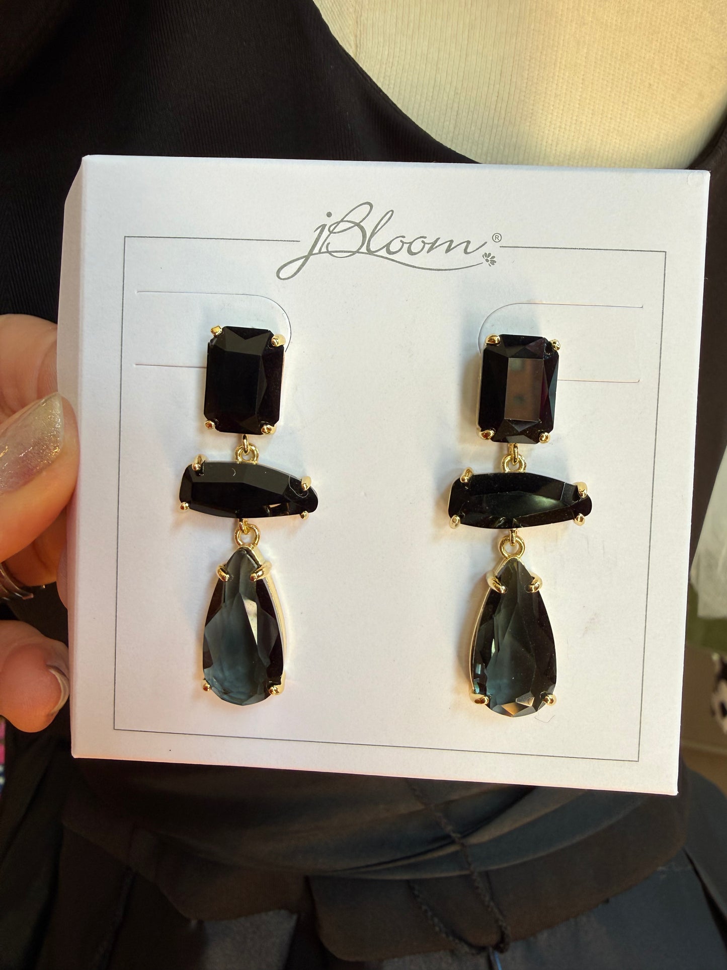 jBloom Black Crystal Triple Drop Earrings