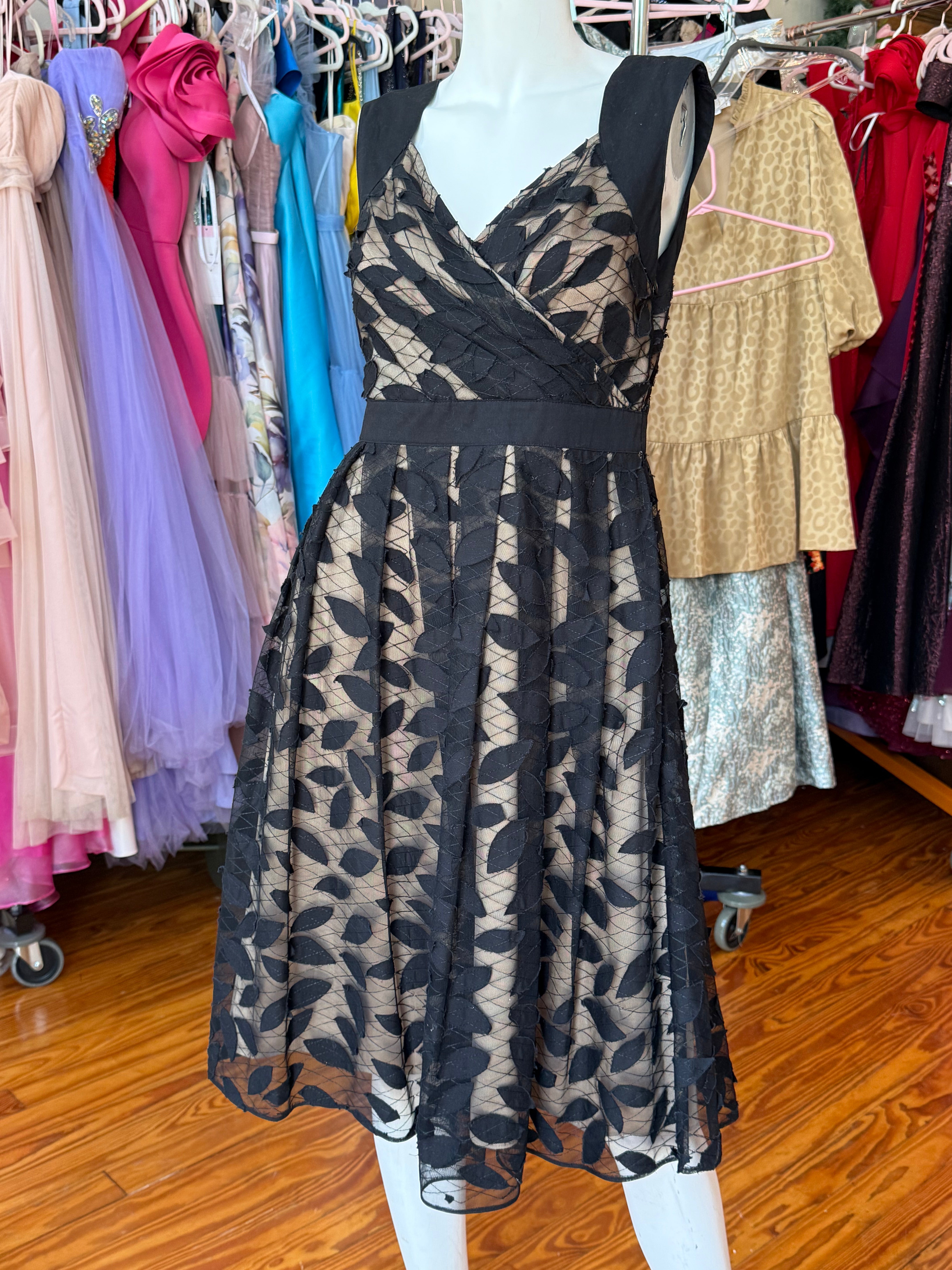 Adrianna Papell Black Lace Leaf Overlay Fit & Flare Dress – Size 6