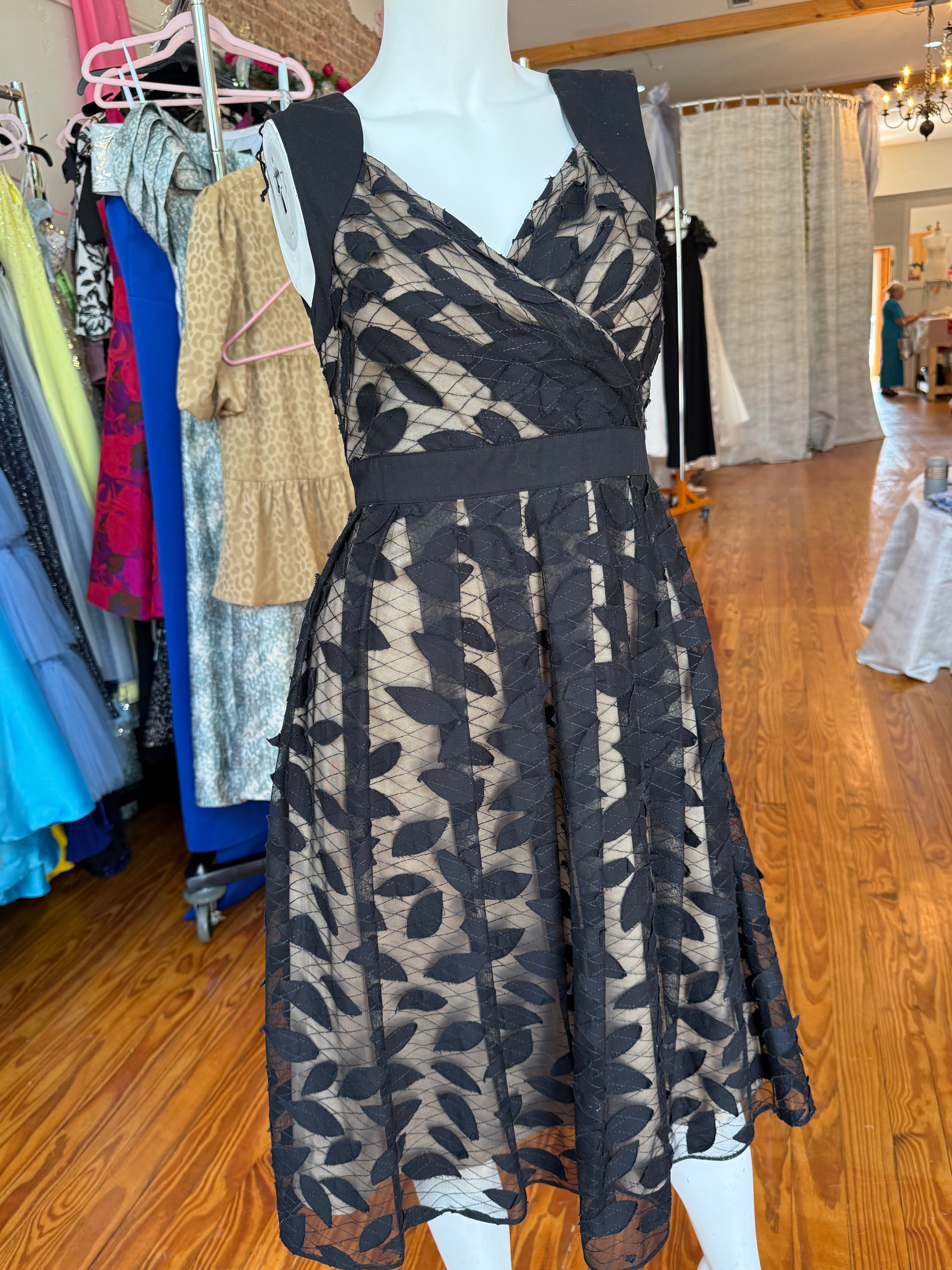 Adrianna Papell Black Lace Leaf Overlay Fit & Flare Dress – Size 6