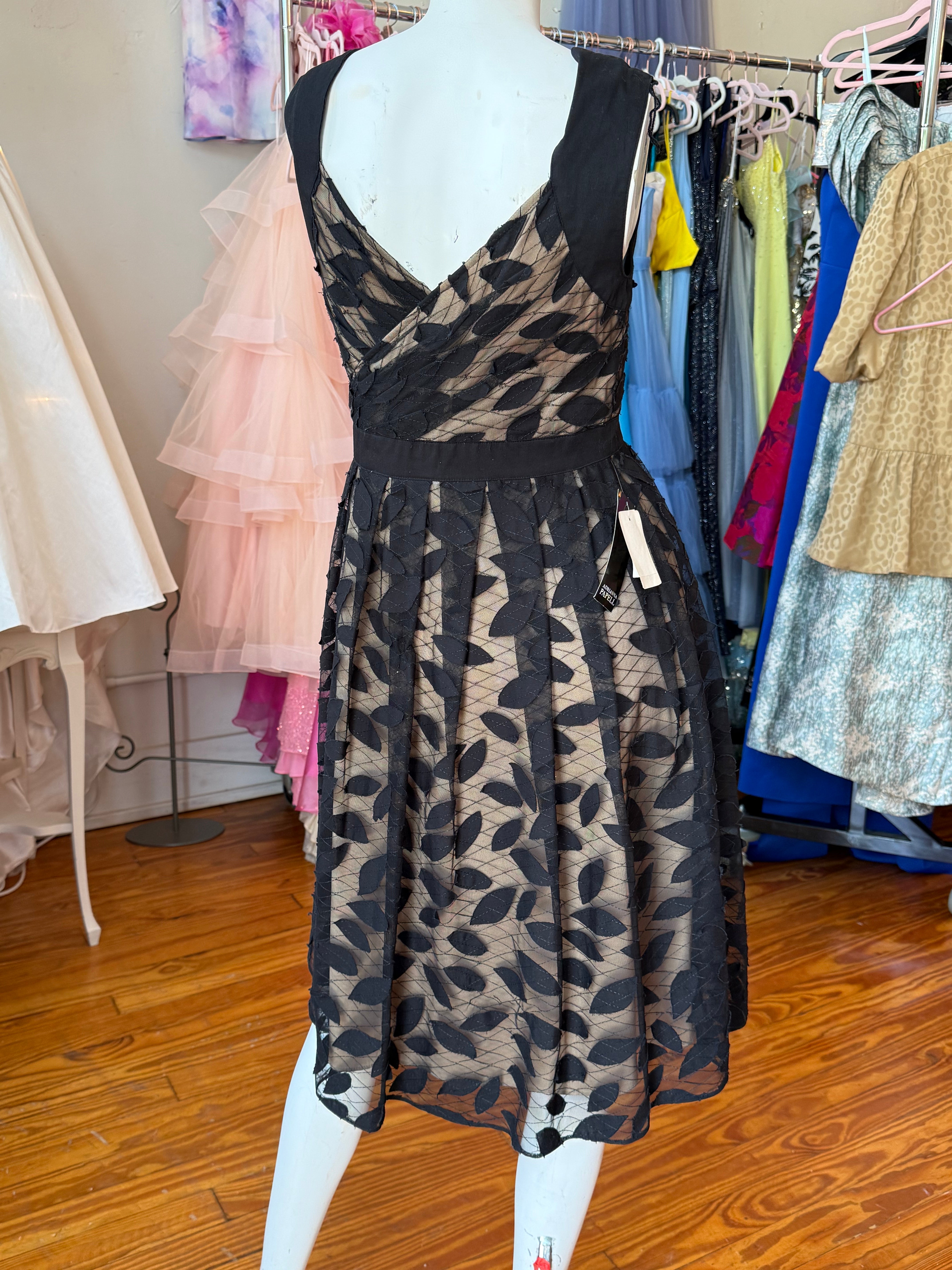 Adrianna Papell Black Lace Leaf Overlay Fit & Flare Dress – Size 6