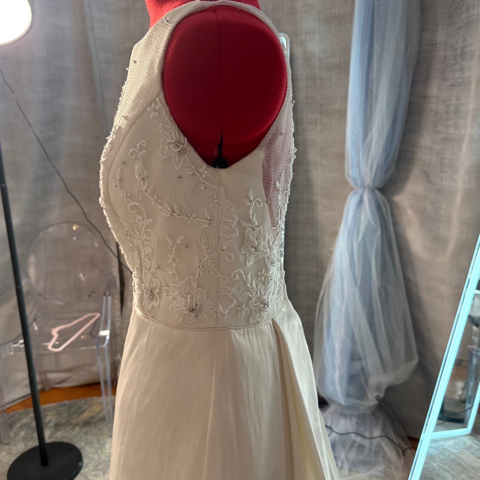 Jasmine Vintage Silk A-Line Wedding Gown with Beaded Lace Illusion Back, Size 8