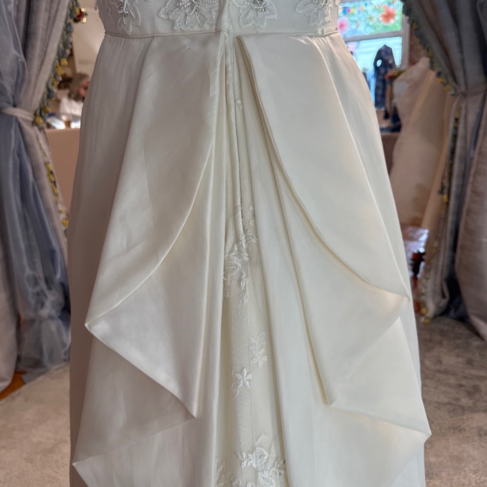Jasmine Vintage Silk A-Line Wedding Gown with Beaded Lace Illusion Back, Size 8