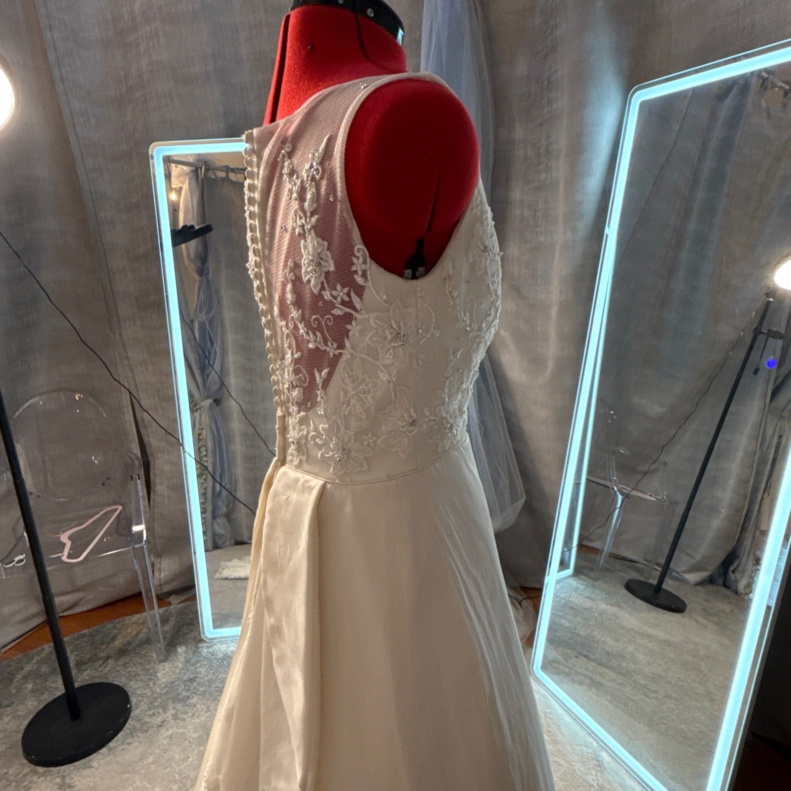 Jasmine Vintage Silk A-Line Wedding Gown with Beaded Lace Illusion Back, Size 8