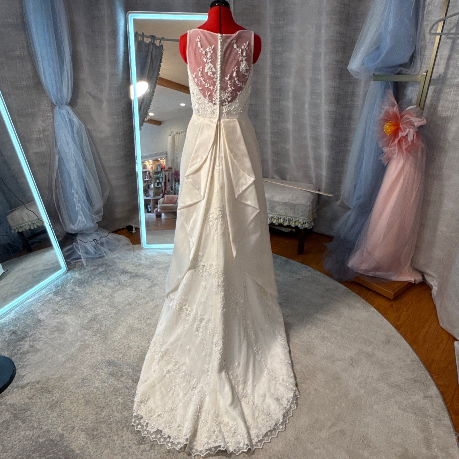 Jasmine Vintage Silk A-Line Wedding Gown with Beaded Lace Illusion Back, Size 8