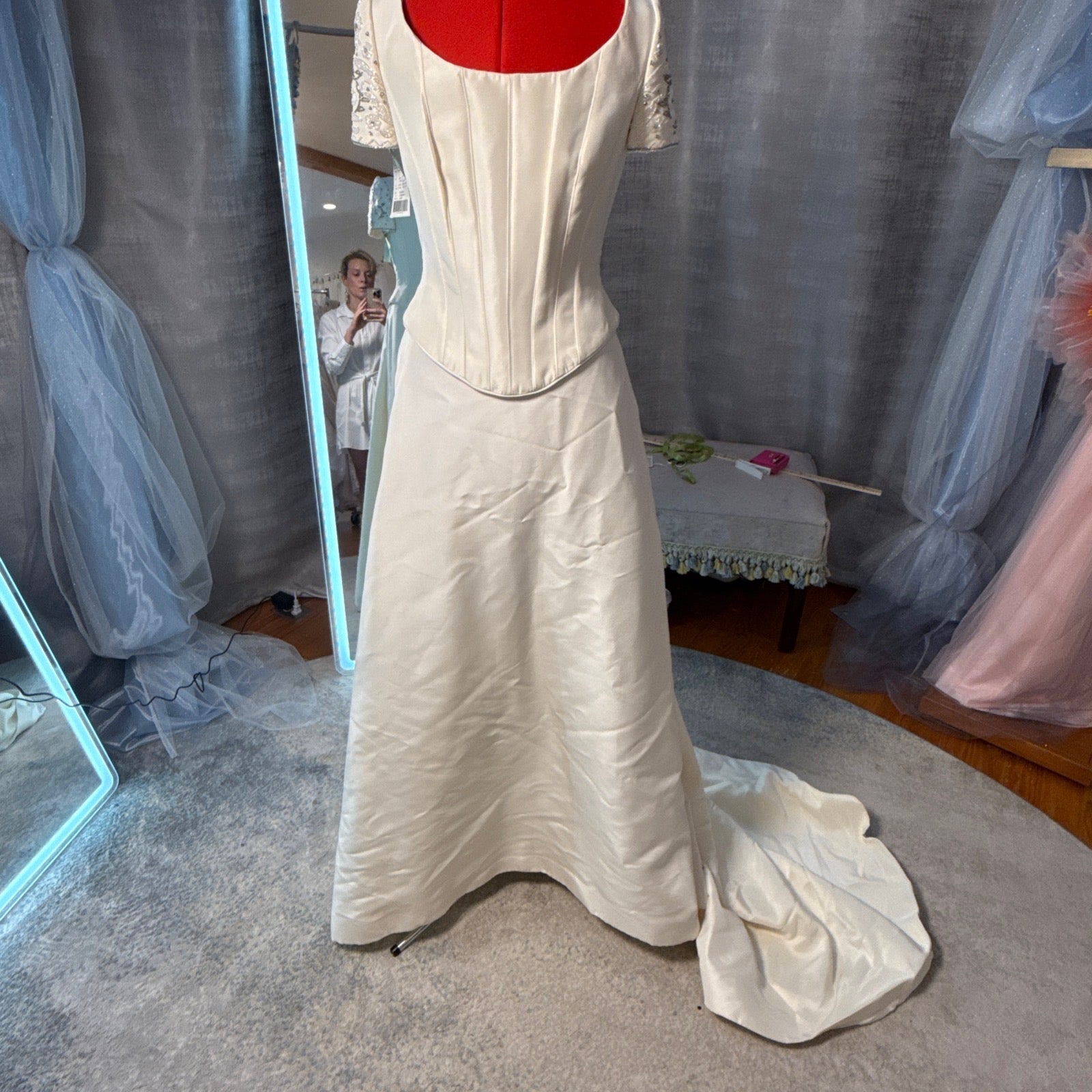 Pronovias vintage 2-piece ivory mikado wedding gown, front view showing structured boned corset top with short lace sleeves, scoop neckline, and full A-line skirt with train, size 14, new with tags