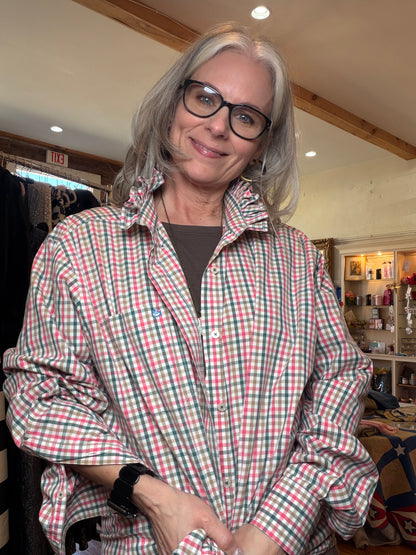 Southern Tide Plaid Oxford Shirt – Upcycled Ruffle Collar | Size Large