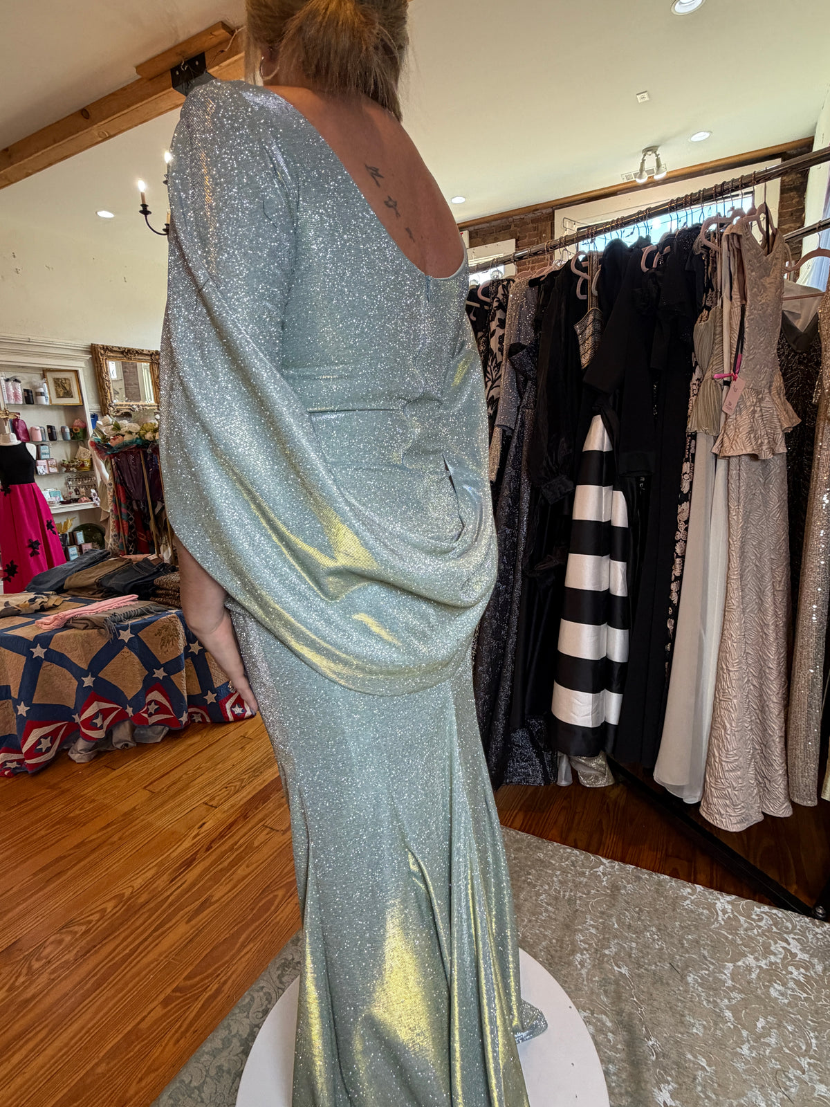 Betsy & Adam Gracie Sage Green Glitter Gown | Draped Cape Sleeve Formal Dress | Size 12