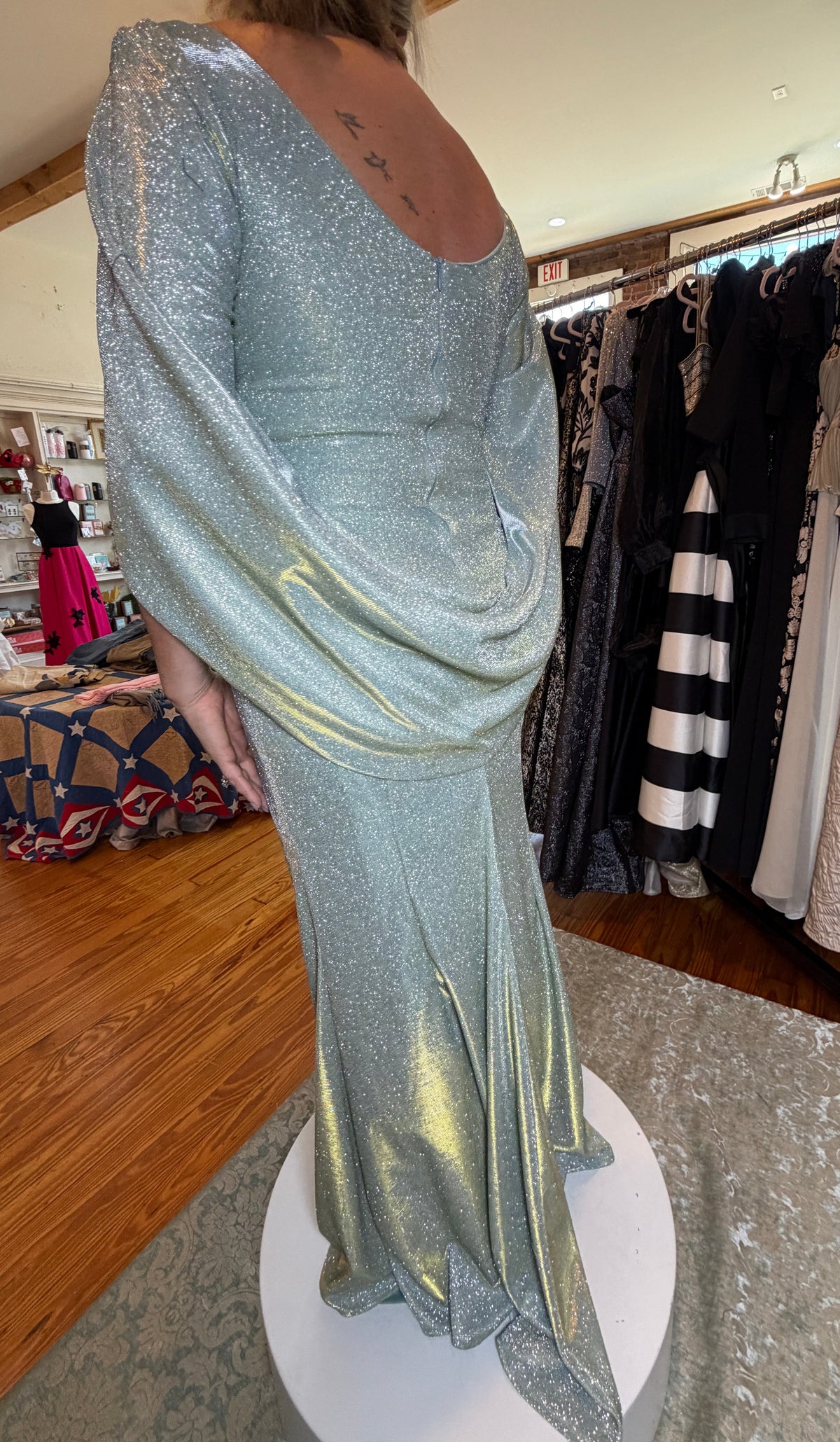 Betsy & Adam Gracie Sage Green Glitter Gown | Draped Cape Sleeve Formal Dress | Size 12